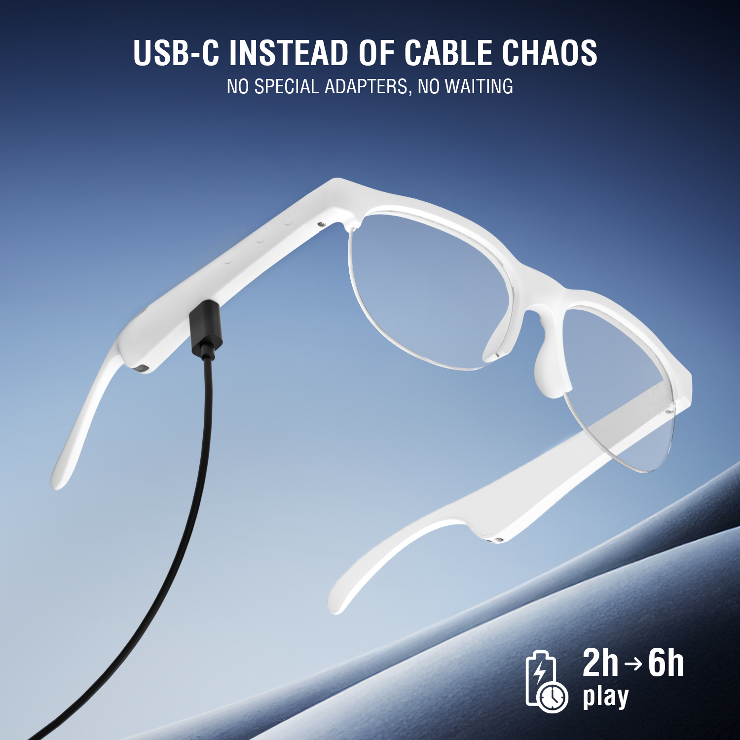 SoundGlasses with USB-C cable connected, on a blue background – 2 h charging for up to 6 h of music, no cable clutter.