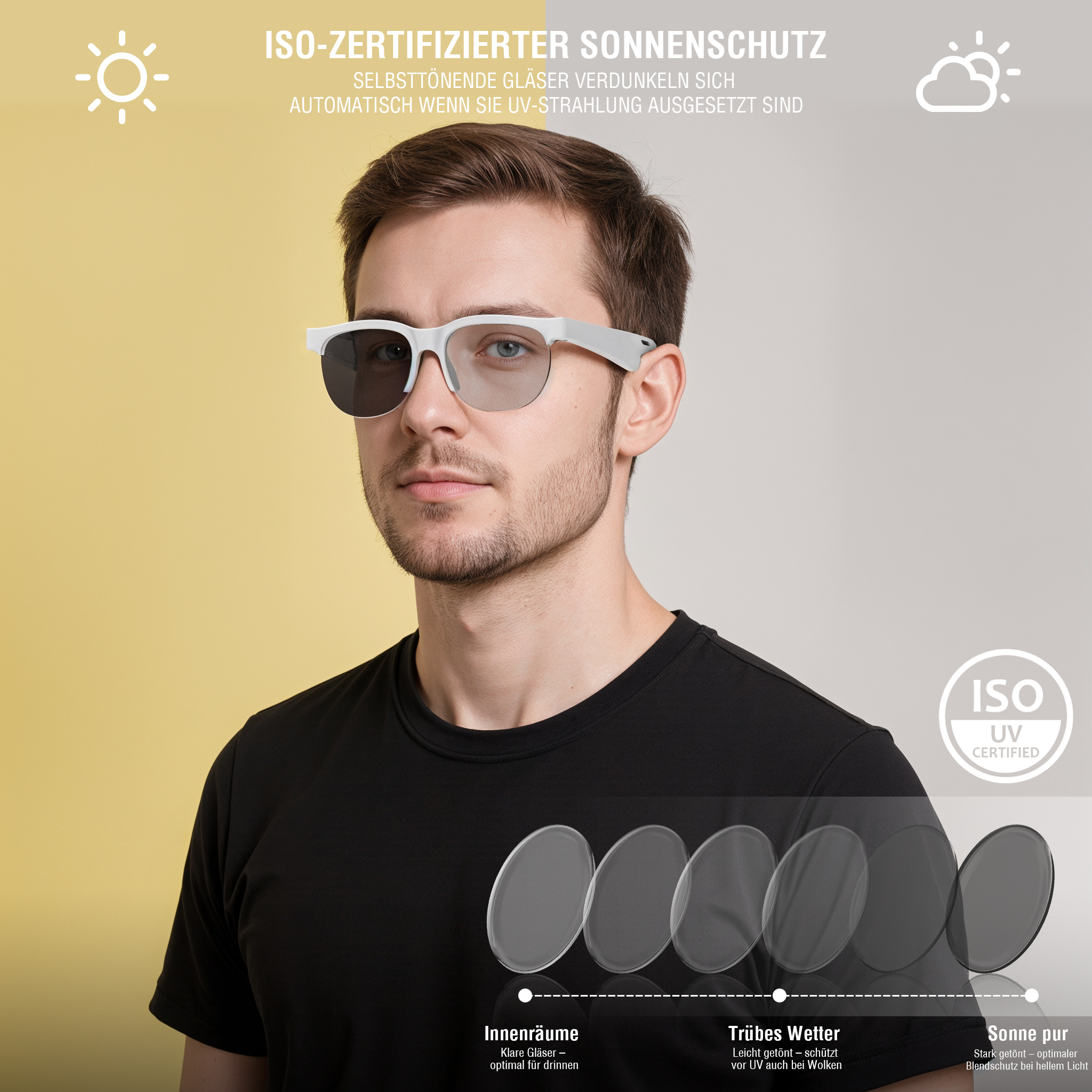 Mann mit SoundGlasses vor gelb-grauem Hintergrund – ISO-zertifizierter UV-Schutz mit automatisch abdunkelnden Gläsern bei Sonneneinstrahlung.