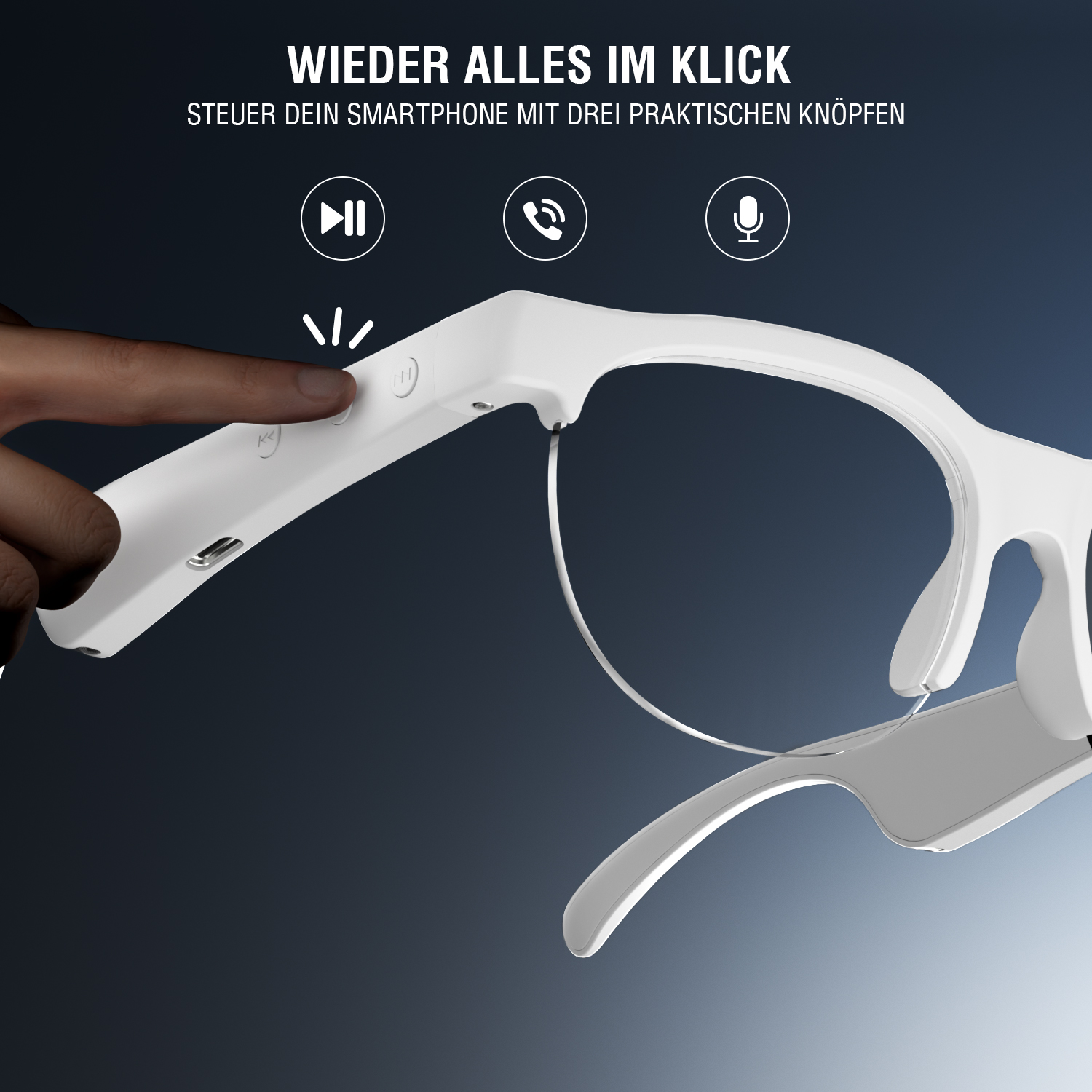 Detailaufnahme eines Fingers, der die seitliche Taste der SoundGlasses berührt – einfache Steuerung von Musik, Anrufen und Sprachassistent.