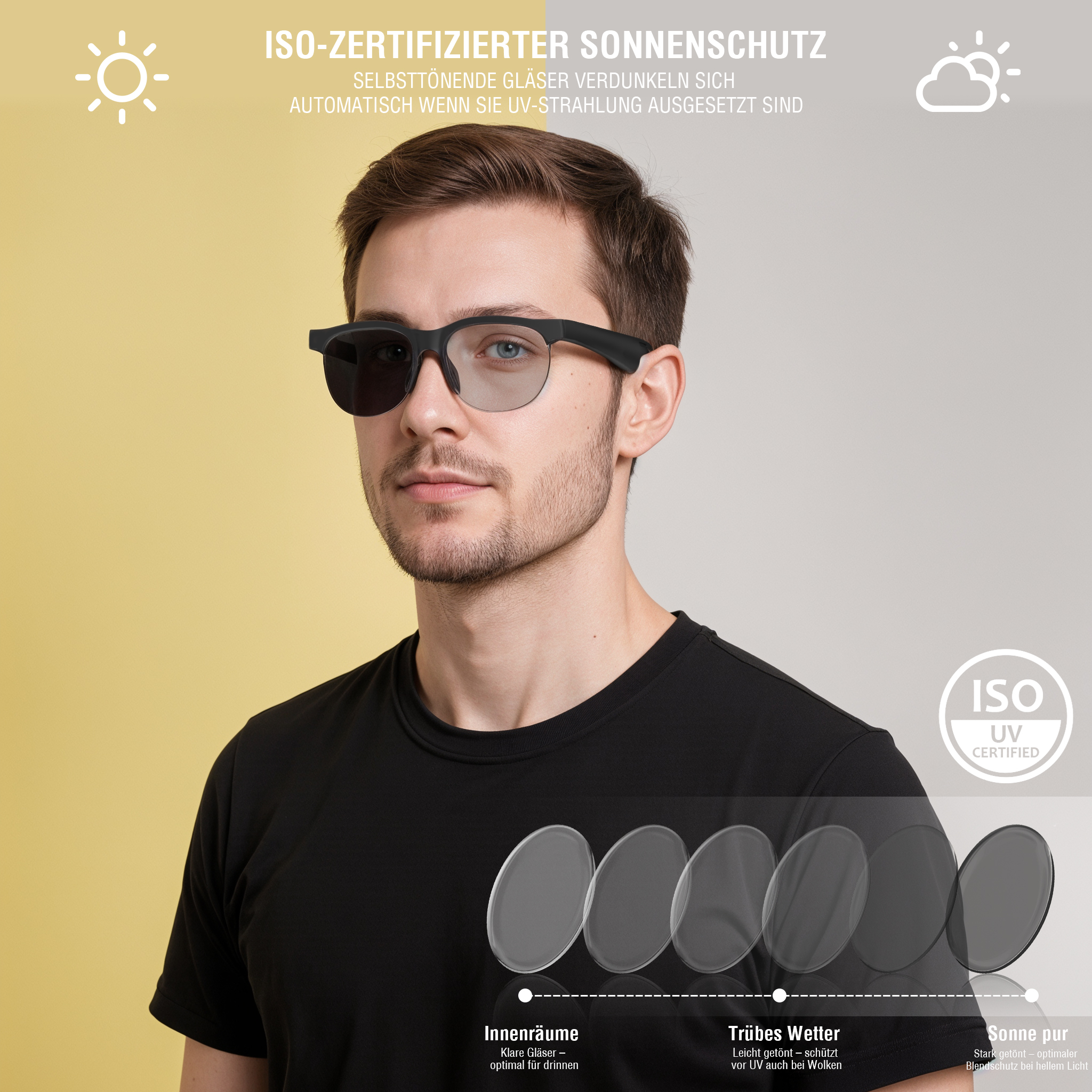Mann mit SoundGlasses vor gelb-grauem Hintergrund – ISO-zertifizierter UV-Schutz mit automatisch abdunkelnden Gläsern bei Sonneneinstrahlung.