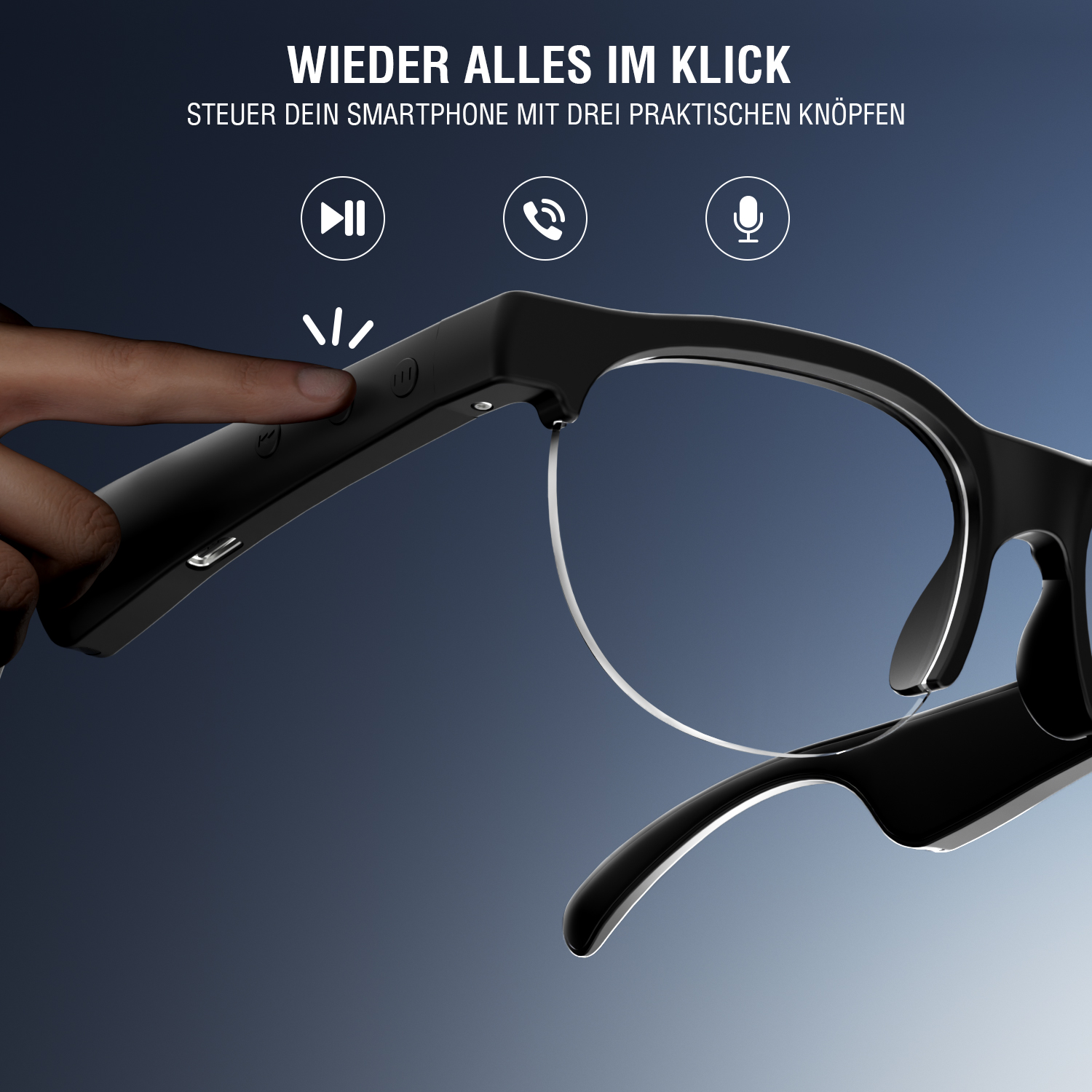 Detailaufnahme eines Fingers, der die seitliche Taste der SoundGlasses berührt – einfache Steuerung von Musik, Anrufen und Sprachassistent.