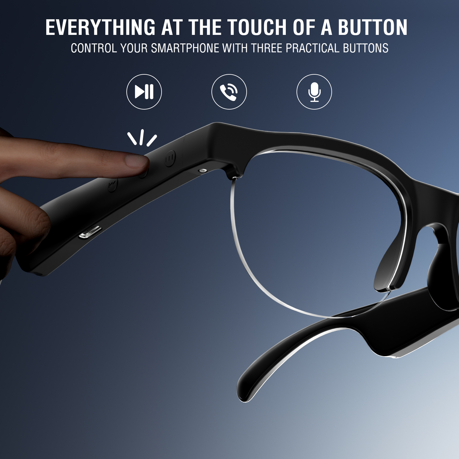 Close-up of a finger pressing the side button on the SoundGlasses – easy control of music, calls, and voice assistant.