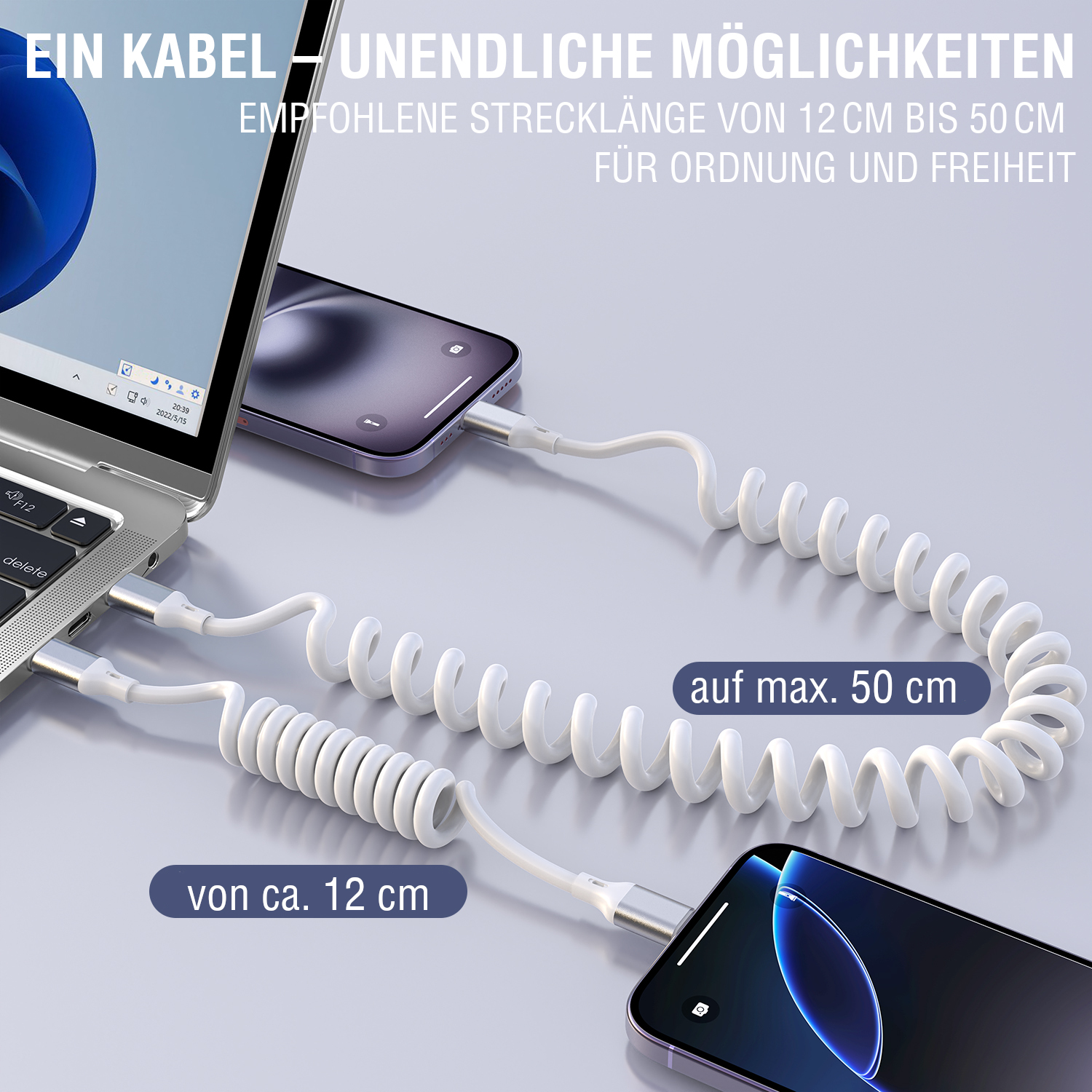 USB-C Spiralkabel, dehnbar von ca. 12 cm bis 50 cm für Ordnung und Freiheit.