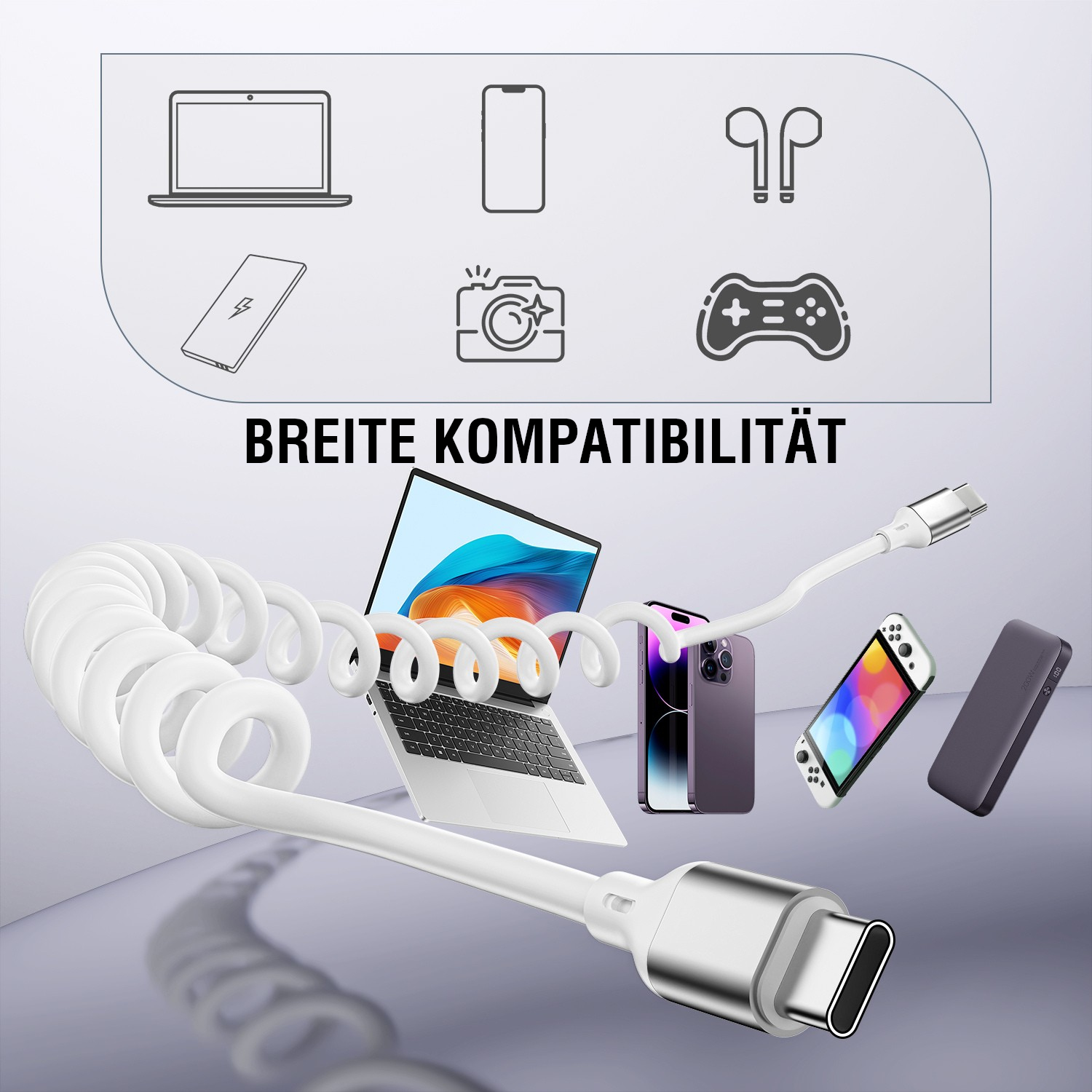 USB-C Spiralkabel mit breiter Kompatibilität – funktioniert mit Laptop, Smartphone, Konsole und mehr.