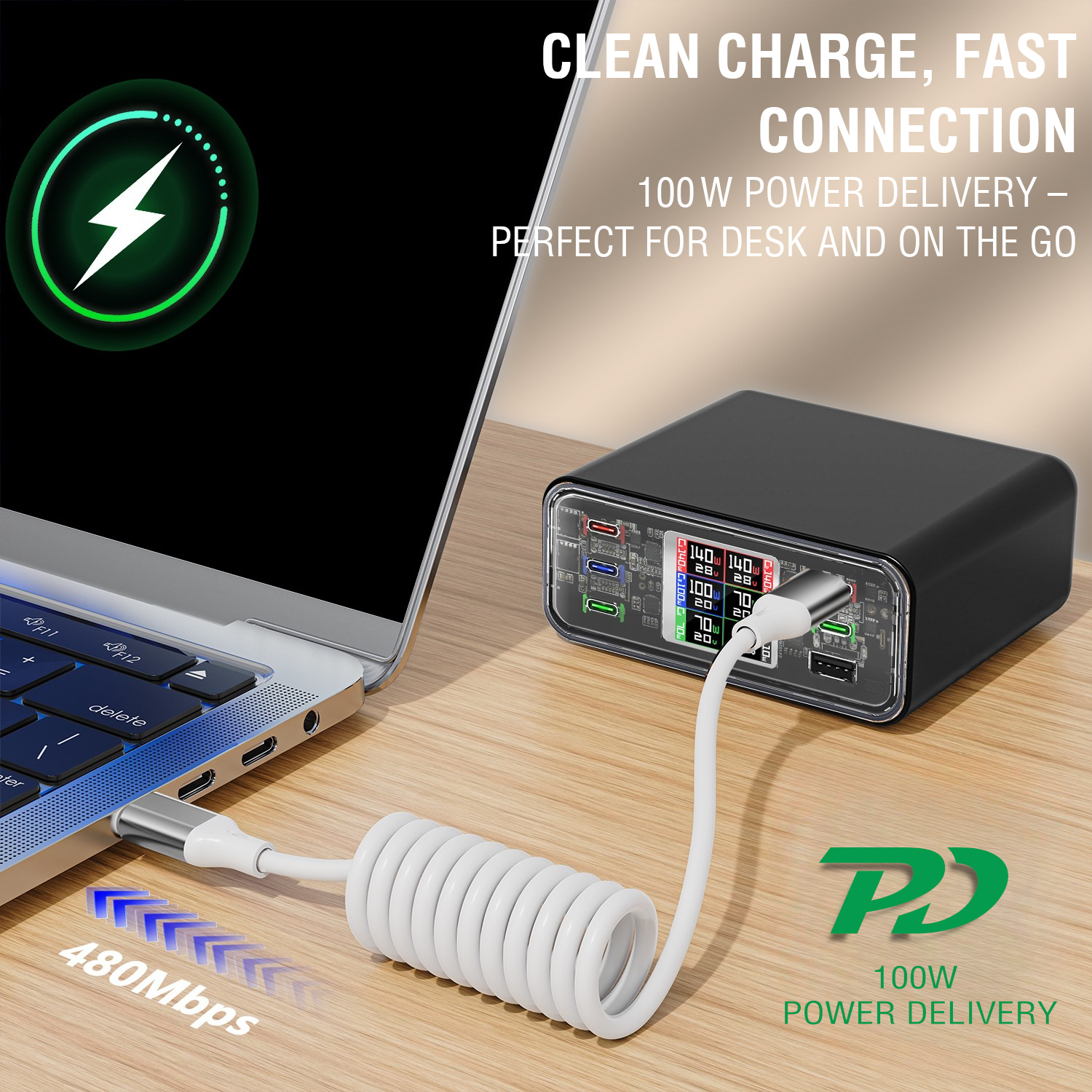 USB-C coiled cable with 100W Power Delivery and 480Mbps data transfer – perfect for desk and on the go.