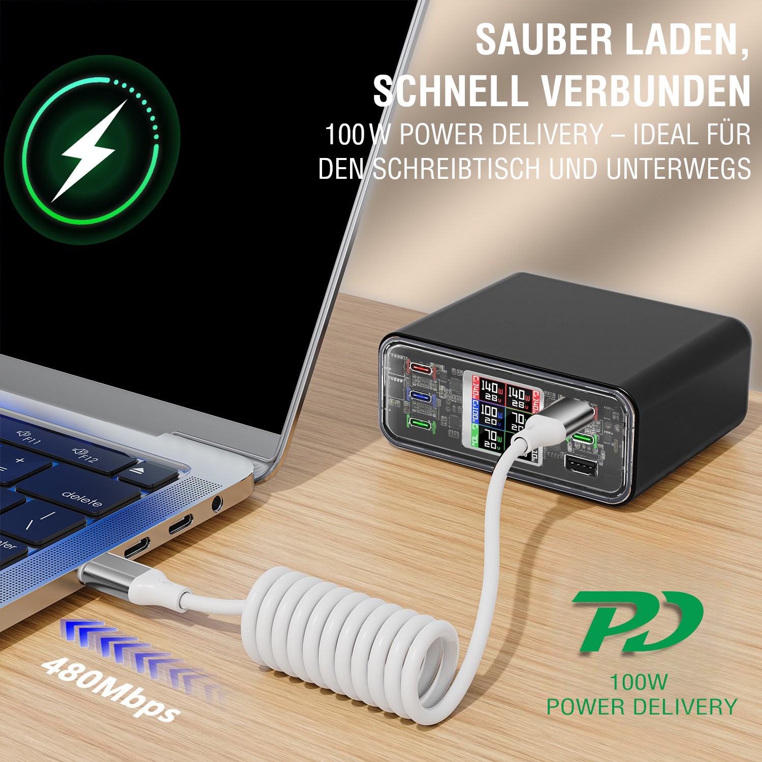 USB-C Spiralkabel mit 100W Power Delivery und 480Mbps Datenübertragung – ideal für Schreibtisch und unterwegs.