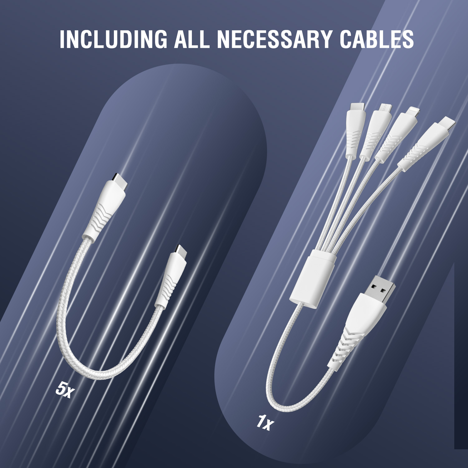 Illustration of the 4smarts charging station Team with all charging cables included in the scope of delivery. 
You can see five short USB-C to USB-C cables as well as the innovative and multifunctional 4in2 multi-charging cable with adapter from USB-C/USB-A to two USB-C, one Lightning and one Micro-USB.