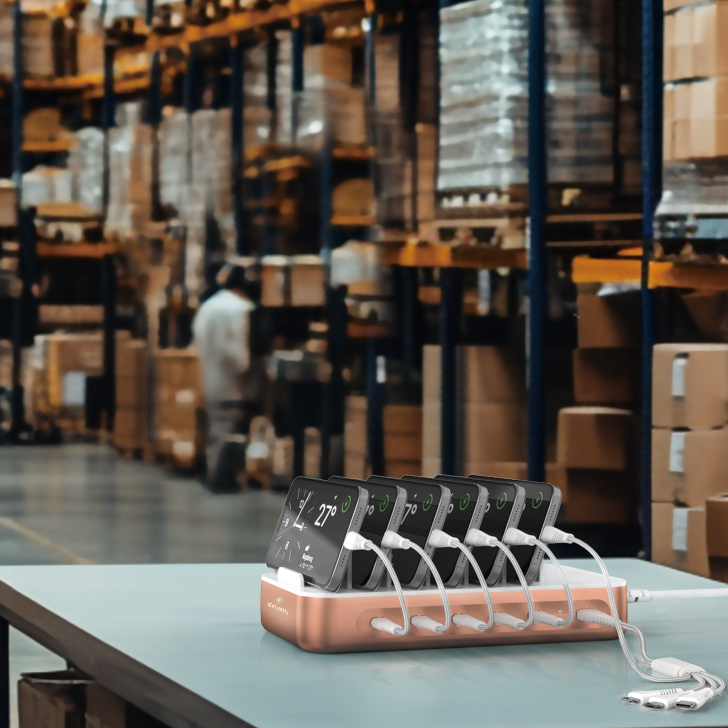 The 4smarts charging station Team, placed on a table in a warehouse, charges several smartphones at the same time. Each device is connected via a cable and the charging station shows the devices standing upright next to each other in an organized manner.