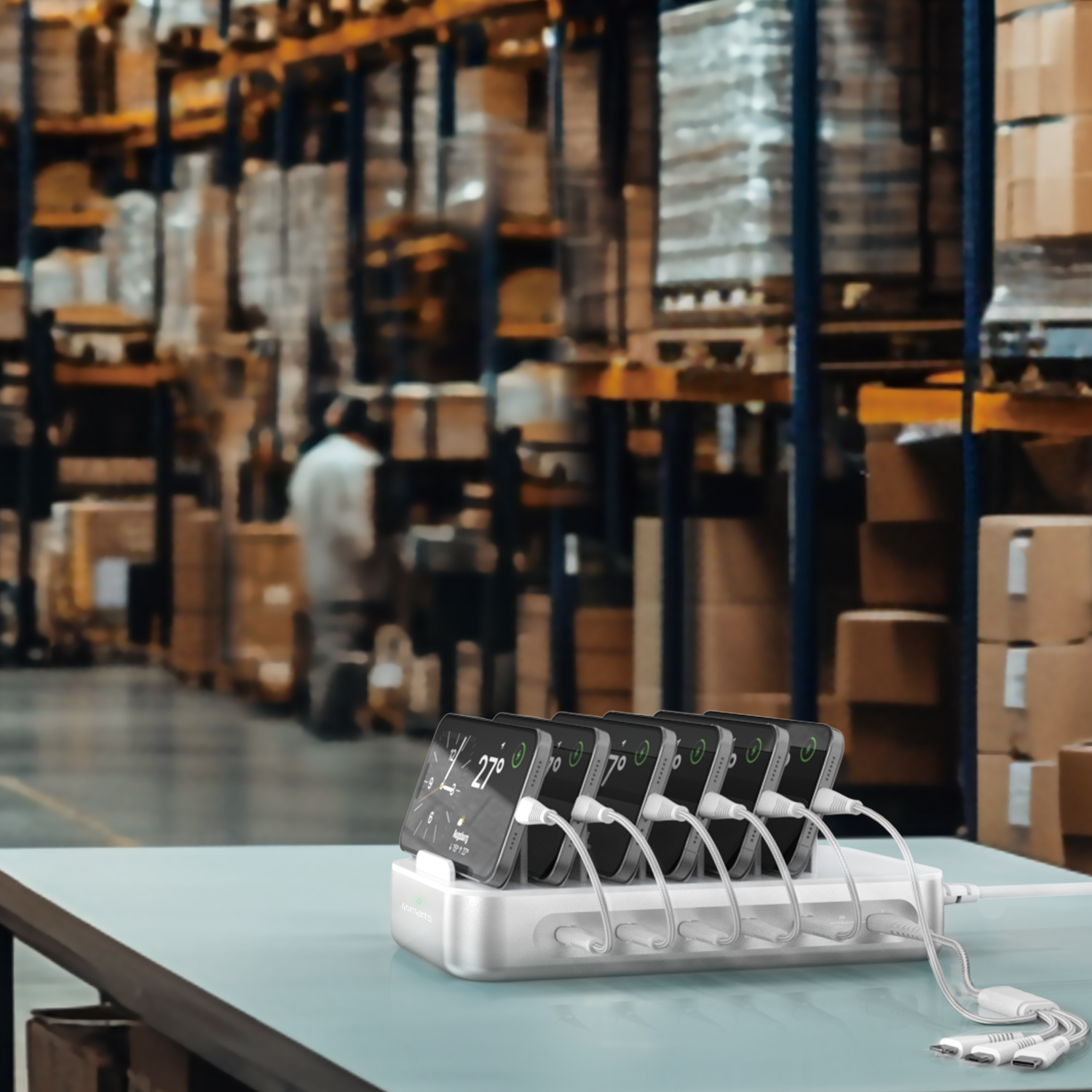The 4smarts charging station Team, placed on a table in a warehouse, charges several smartphones at the same time. Each device is connected via a cable and the charging station shows the devices standing upright next to each other in an organized manner.