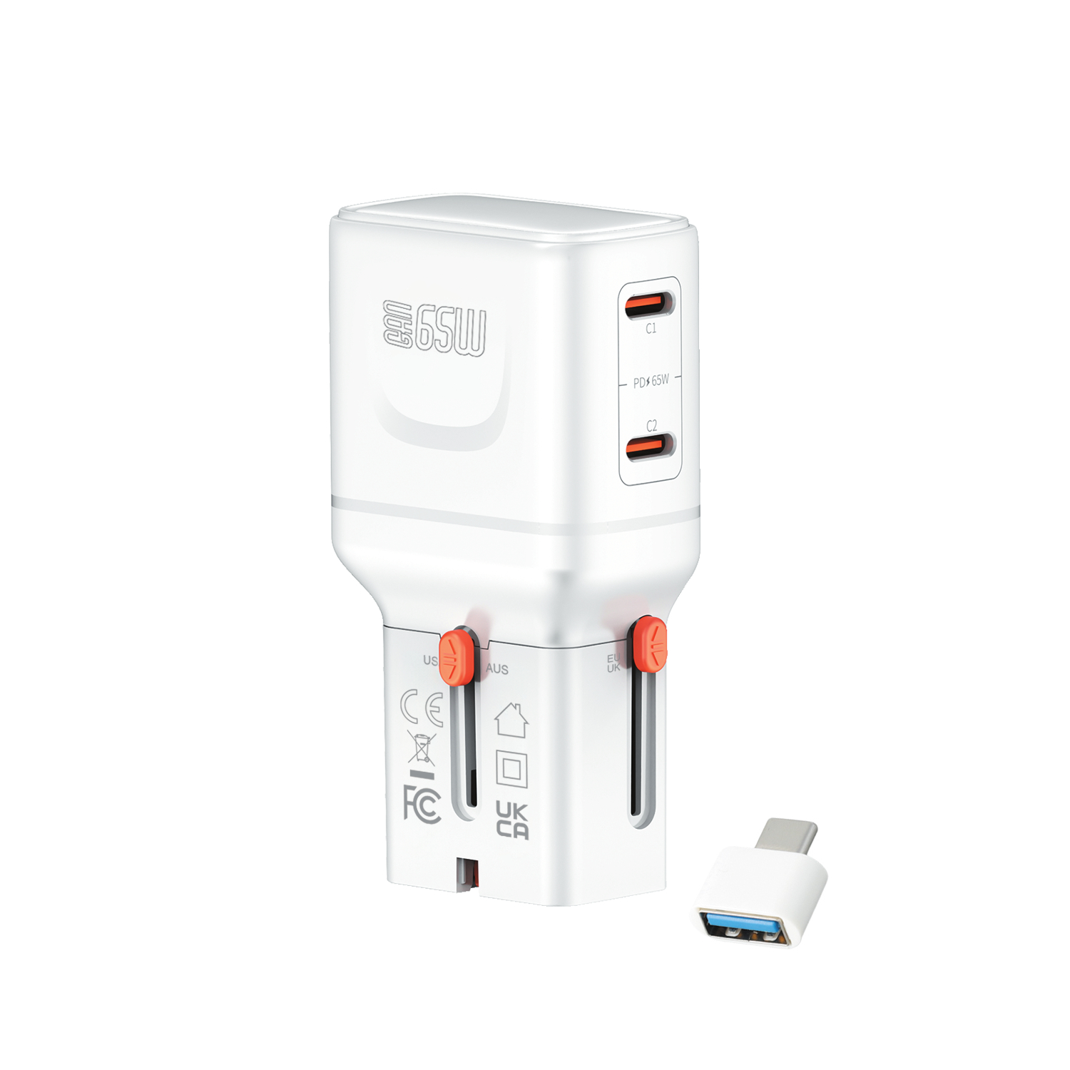 Weißer 65W GaN Reiseadapter mit zwei USB-C-Anschlüssen, ausziehbaren EU/UK/US/AUS-Steckern und beiliegendem USB-C-auf-USB-A-Adapter.