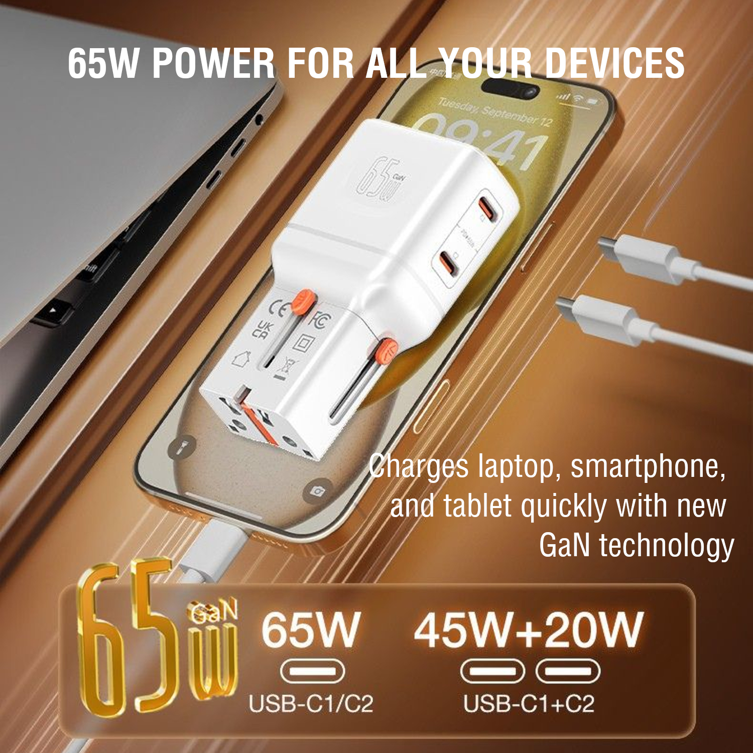 Travel adapter with GaN technology and 65W power, fast charges laptop, smartphone, and tablet via USB-C.