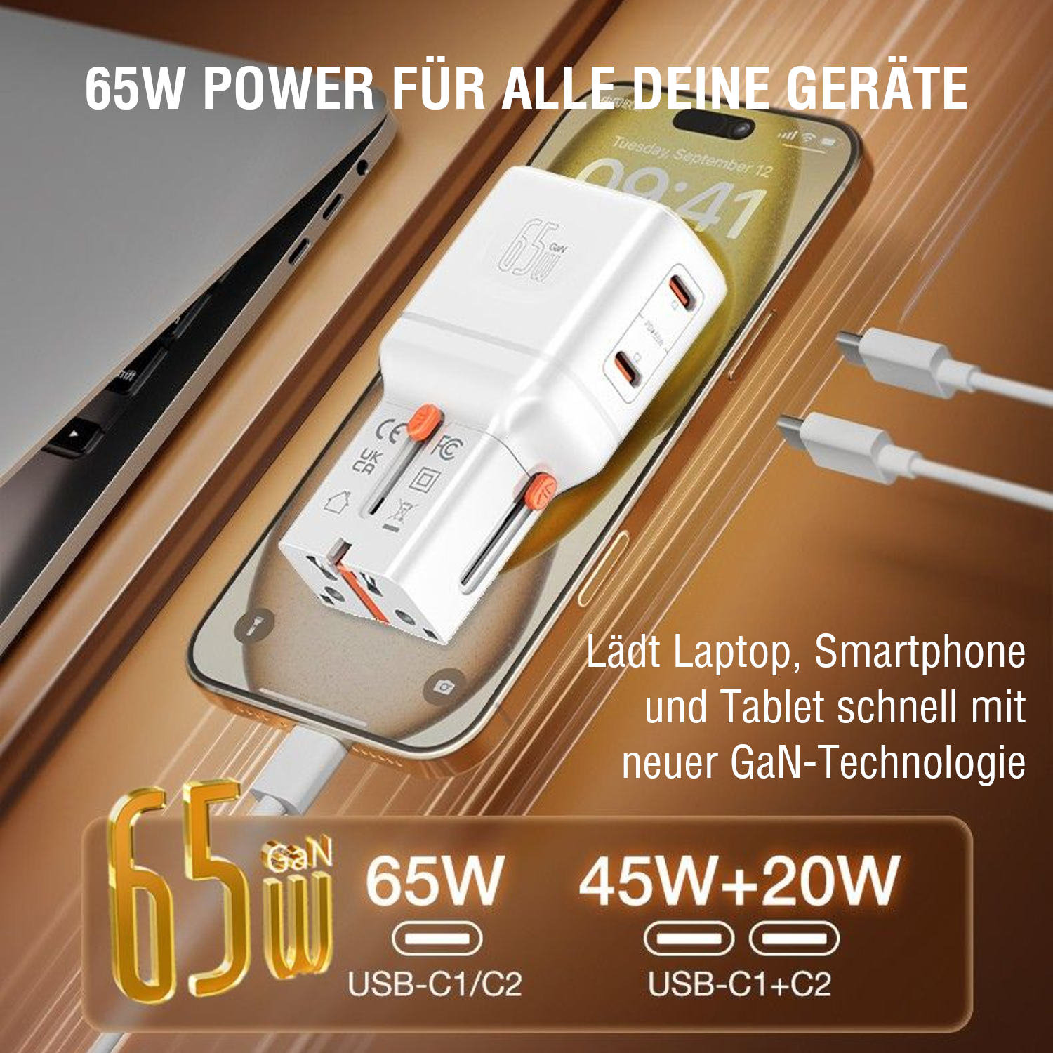Reiseadapter mit GaN-Technologie und 65W Leistung, lädt Laptop, Smartphone und Tablet schnell über USB-C.