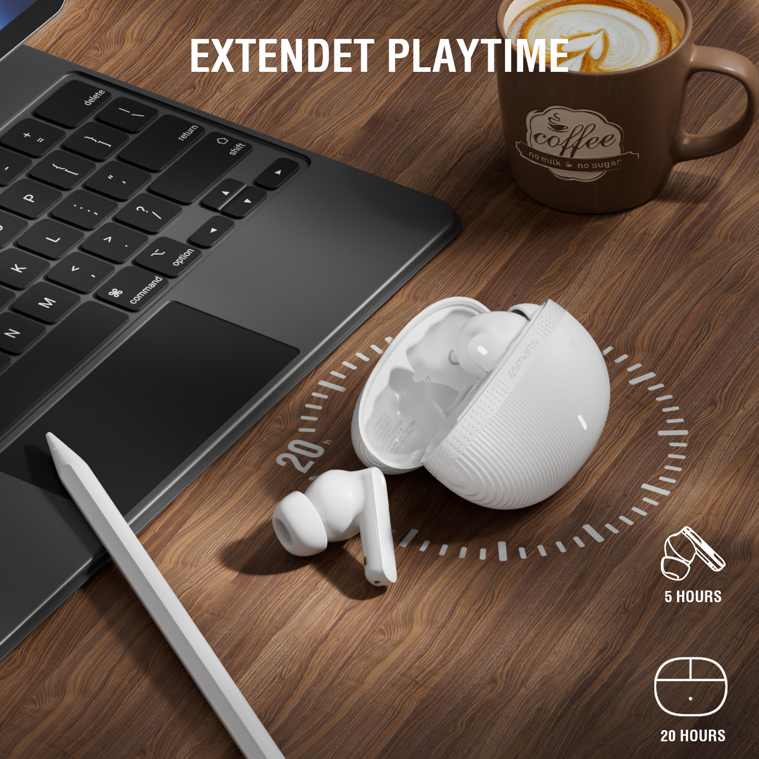 White in-ear headphones in open charging case on wooden table next to laptop and coffee mug, text “Extended playtime”.