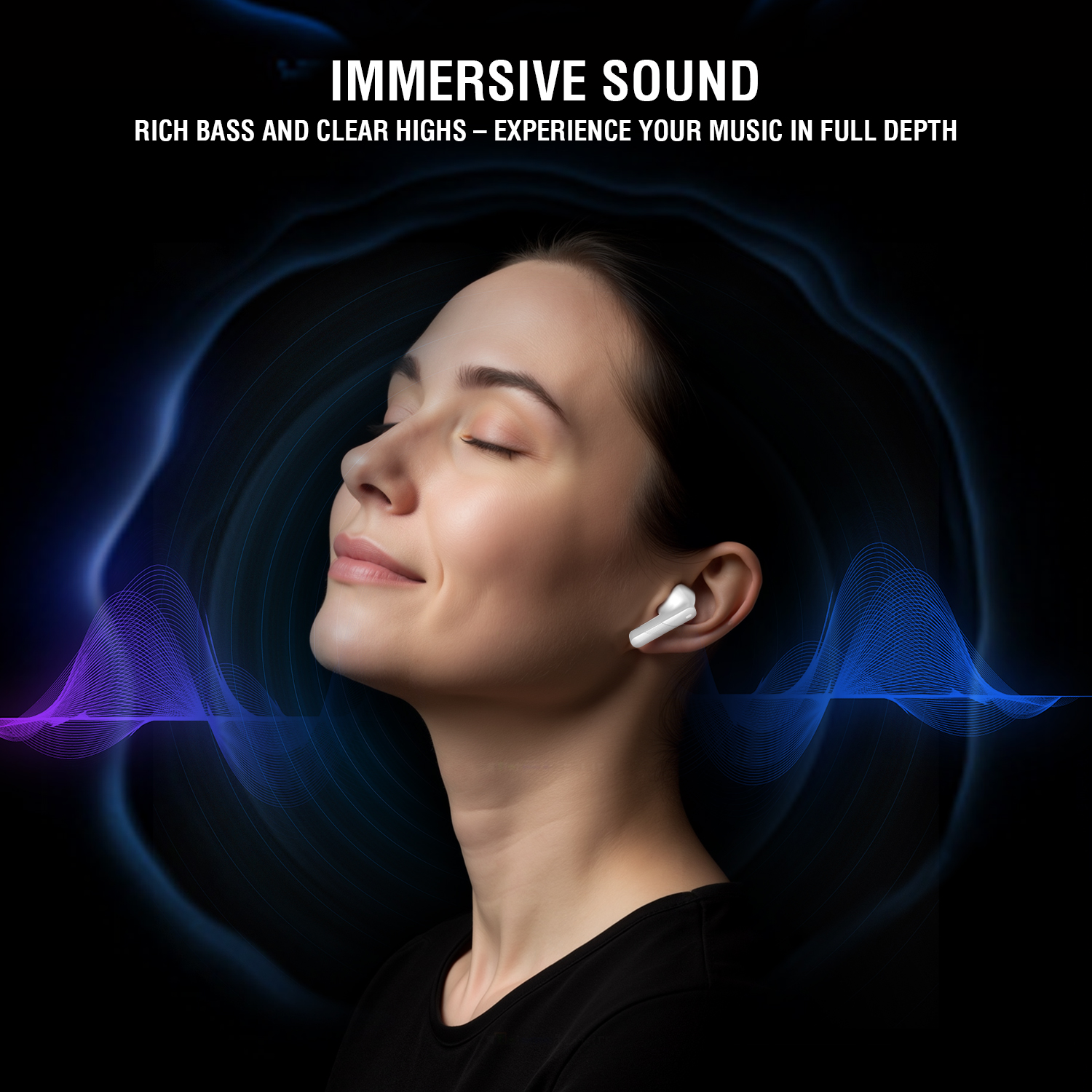 Woman with closed eyes enjoying music with white in-ear headphones, colourful sound waves in background, text “Immersive Sound”.