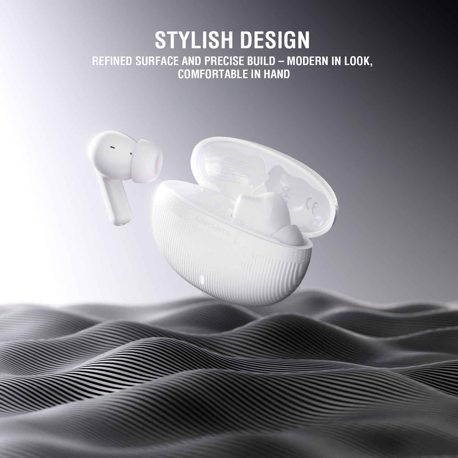 White in-ear headphones with charging case floating above textured surface, text “Stylish Design”.