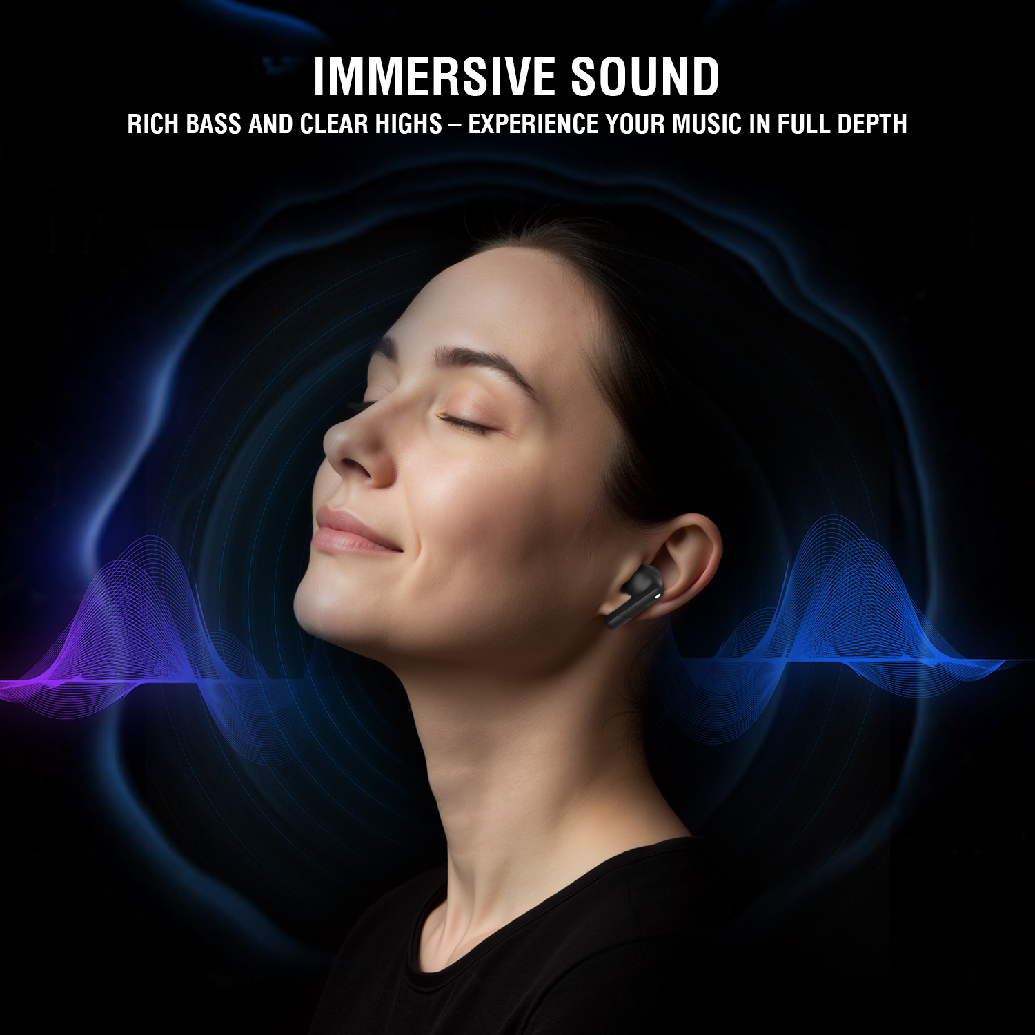 Woman with closed eyes enjoying music with black in-ear headphones, sound waves in background, text “Immersive Sound”.