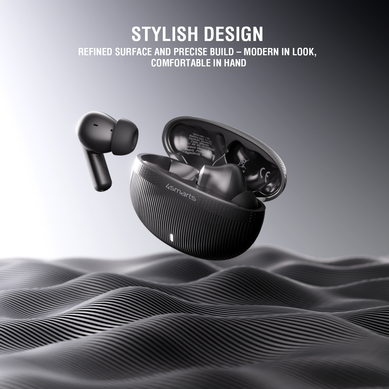 Charging case with black in-ear headphones floating above wave-like pattern, text “Stylish Design”.