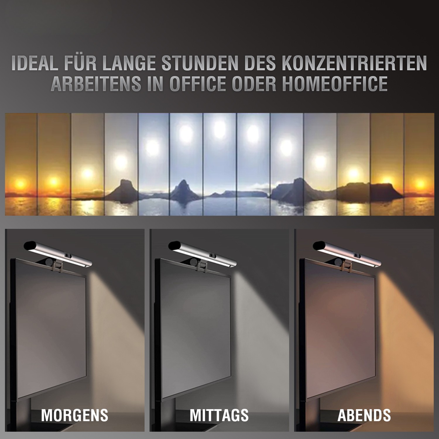 Darstellung der Screenbar-Lichtmodi von warmem Morgenlicht über neutrales Mittagslicht bis zu gemütlichem Abendlicht.