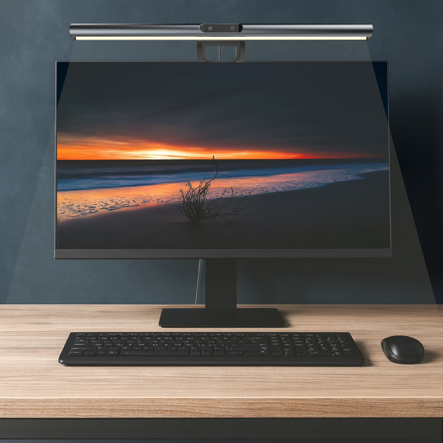 Modern workspace with monitor, keyboard, mouse, and glare-free screenbar lighting.