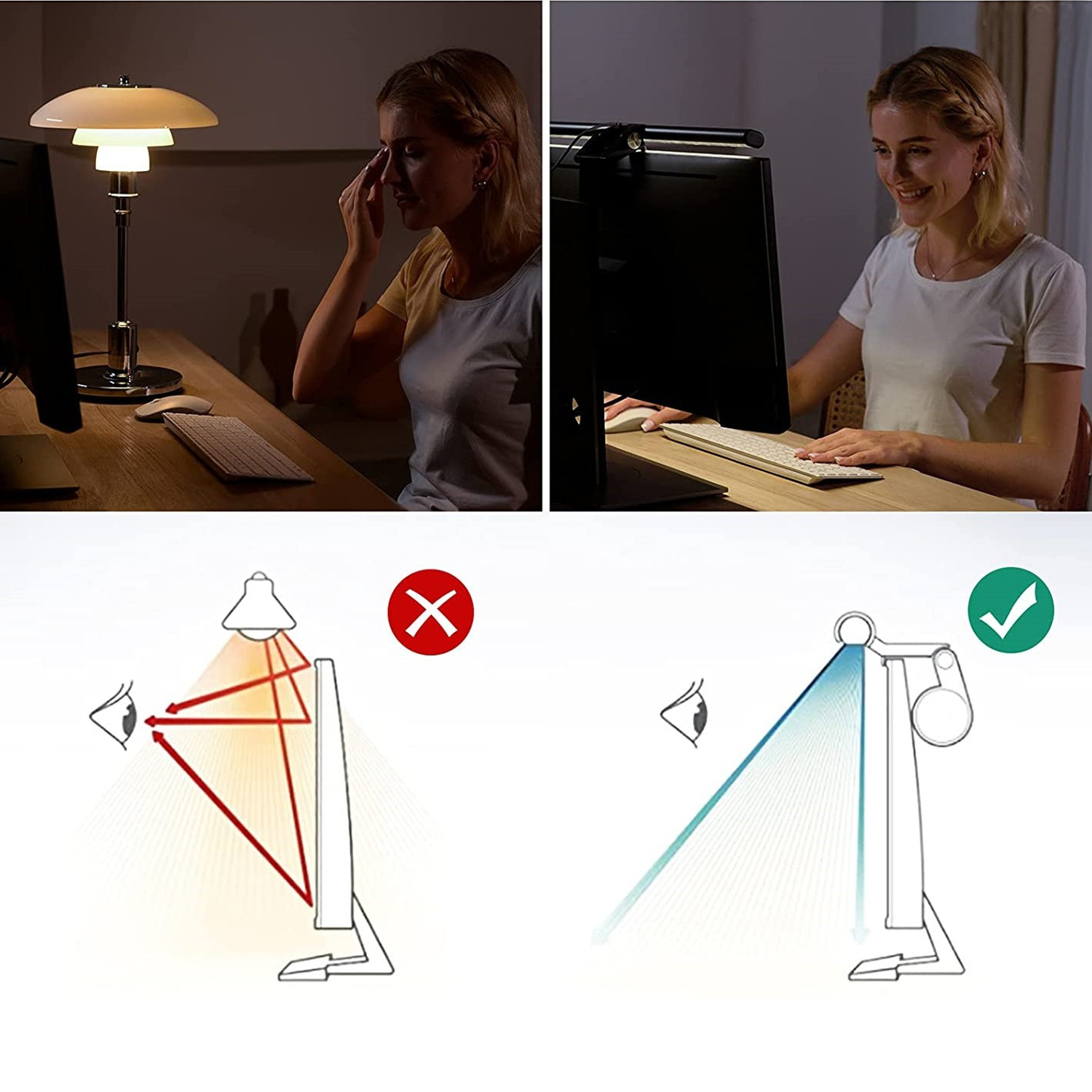 Comparison of a regular desk lamp with glaring reflections versus a screenbar with eye-friendly light.