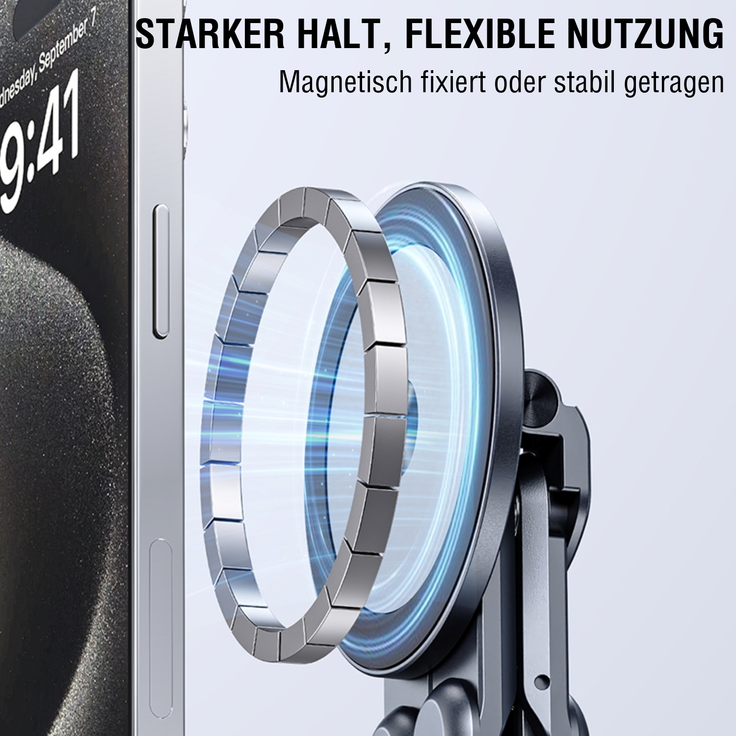 Detailaufnahme des magnetischen Rings des faltbaren Aluminium-Ständers mit Smartphone, das den starken magnetischen Halt zeigt.