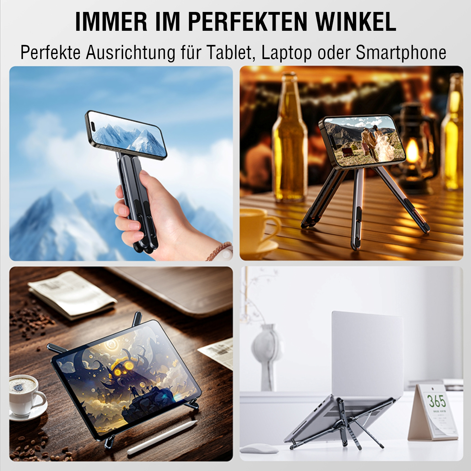 Mehrere Szenen mit Smartphone, Tablet und Laptop auf dem faltbaren Ständer – in verschiedenen Winkeln aufgestellt.