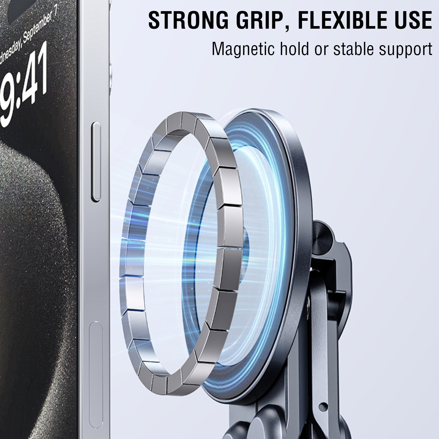 Close-up of the magnetic ring of the foldable aluminium stand with smartphone, highlighting the strong magnetic grip.