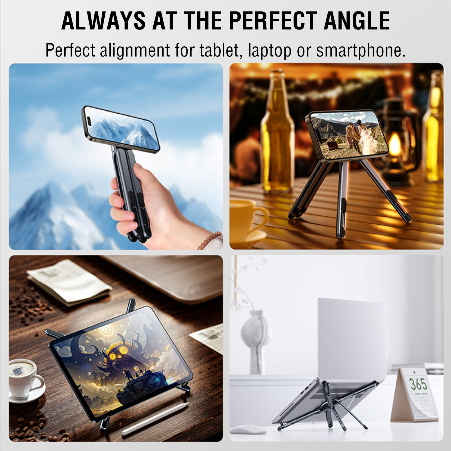 Multiple scenes showing smartphone, tablet, and laptop on the foldable stand – positioned at various viewing angles.