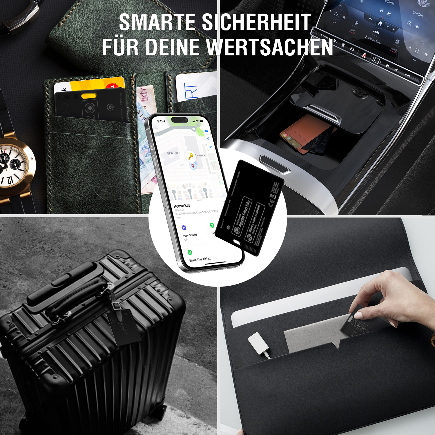 Ein SkyTag Card ReCharge zur Ortung von Wertsachen, gezeigt in verschiedenen Anwendungen: im Portemonnaie, im Auto, am Koffer und in einer Dokumententasche. Ein Smartphone mit einer Kartenortungs-App ist ebenfalls abgebildet.