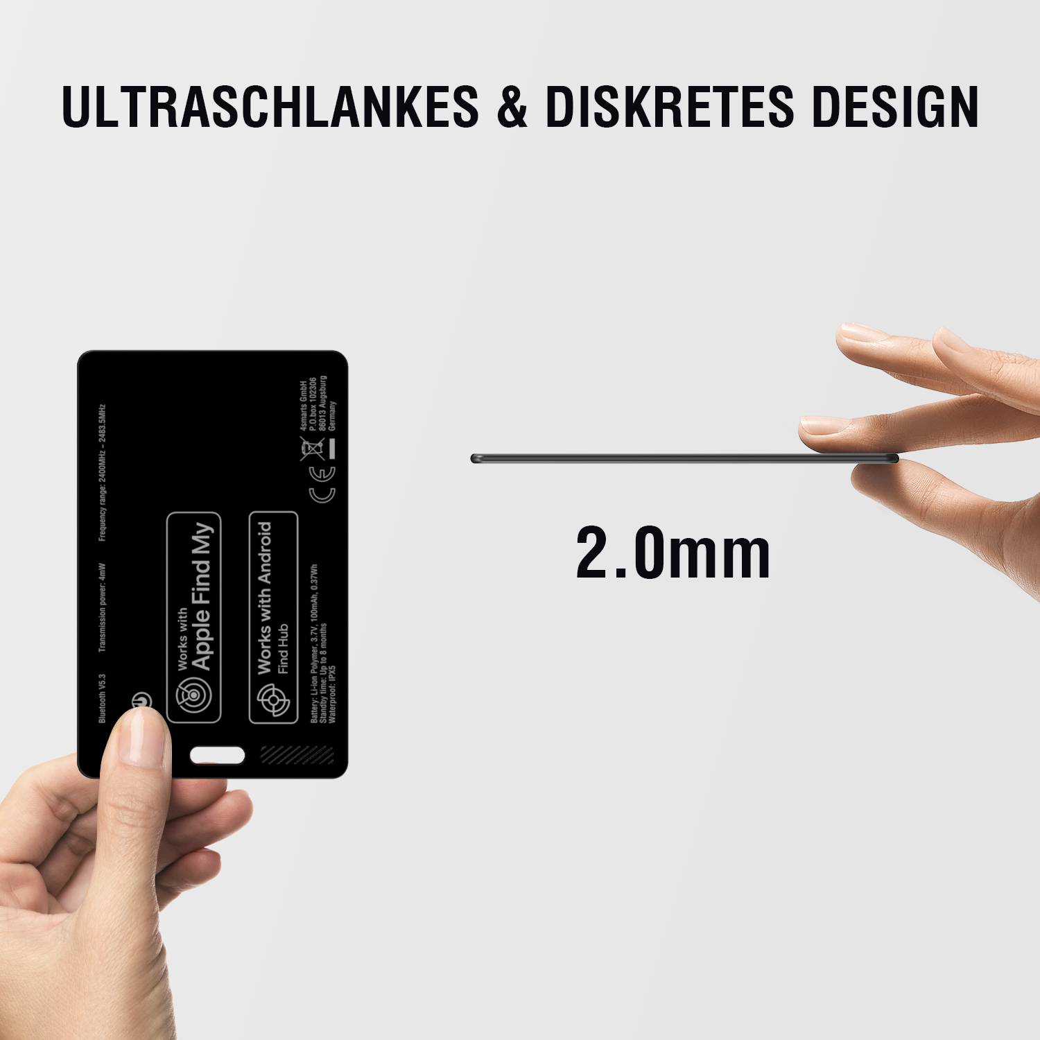 Ein ultraflacher SkTag Card ReCharge mit Apple Find My-Unterstützung, der nur 2,0 mm dünn ist. Gezeigt wird die Karte aus zwei Perspektiven: frontal und von der Seite, um die geringe Dicke zu verdeutlichen.