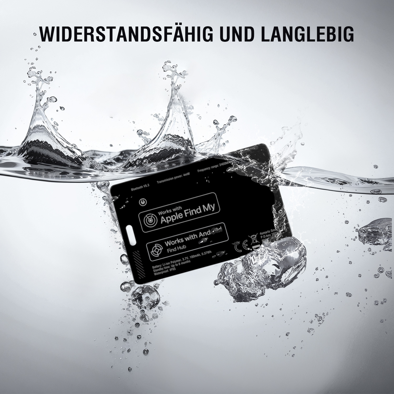 Ein SkTag Card ReCharge mit Apple Find My-Unterstützung taucht in Wasser ein, um ihre Widerstandsfähigkeit und Langlebigkeit zu demonstrieren.