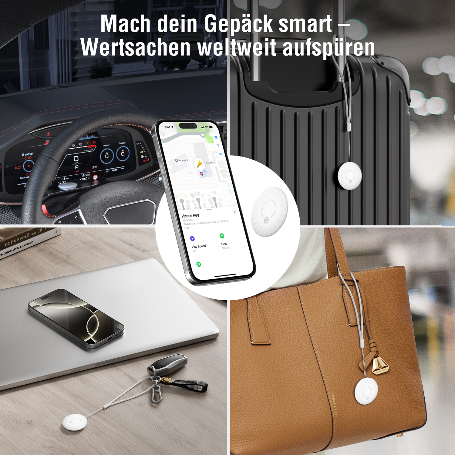 4smarts SkyTag Duos zur Ortung im Auto, an Gepäck, Handtasche und Laptop – Text: „Mach dein Gepäck smart – Wertsachen weltweit aufspüren“.