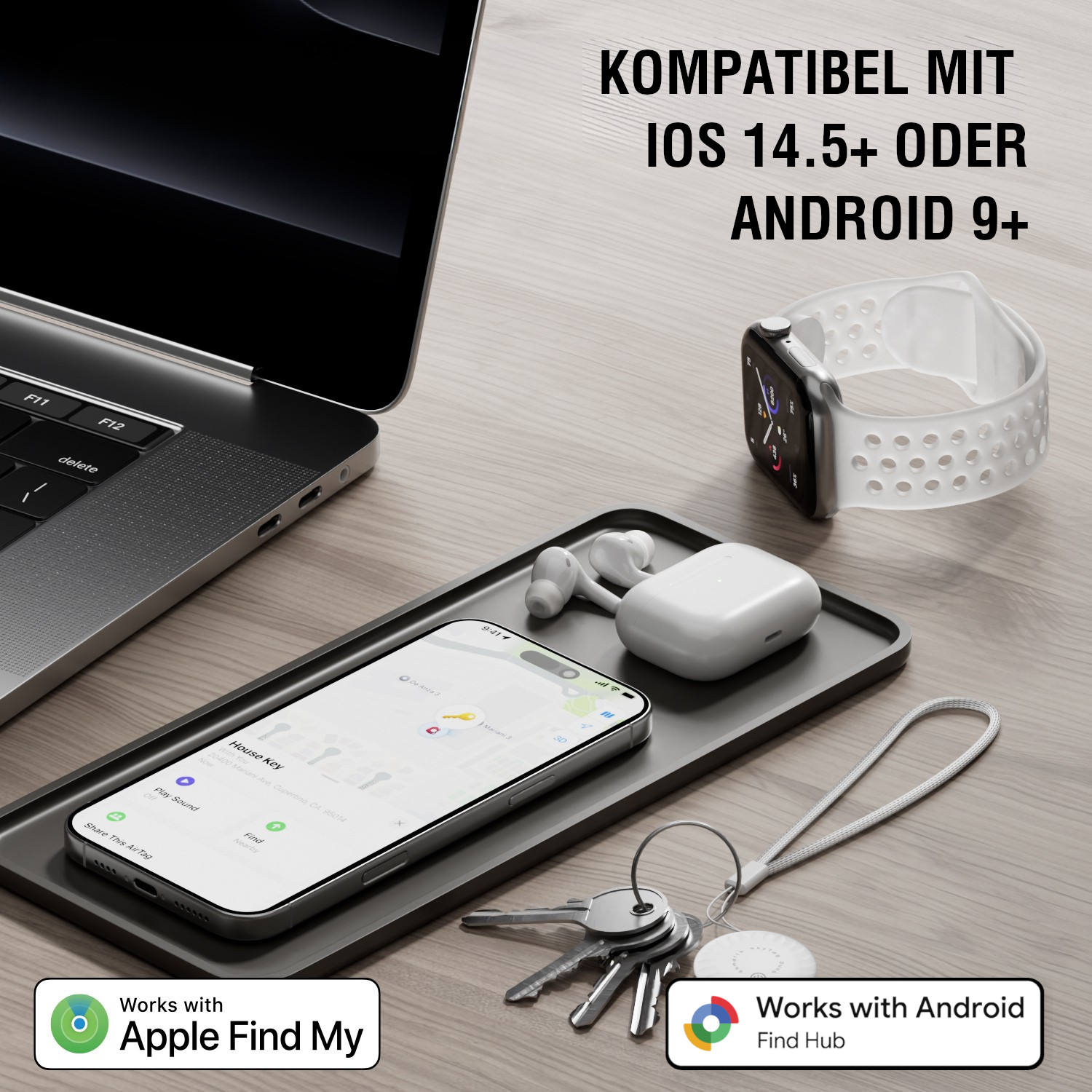 4smarts SkyTag Duos neben iPhone, AirPods und Smartwatch – kompatibel mit iOS 14.5+ oder Android 9+, Logos für Apple Find My und Google Find Hub.