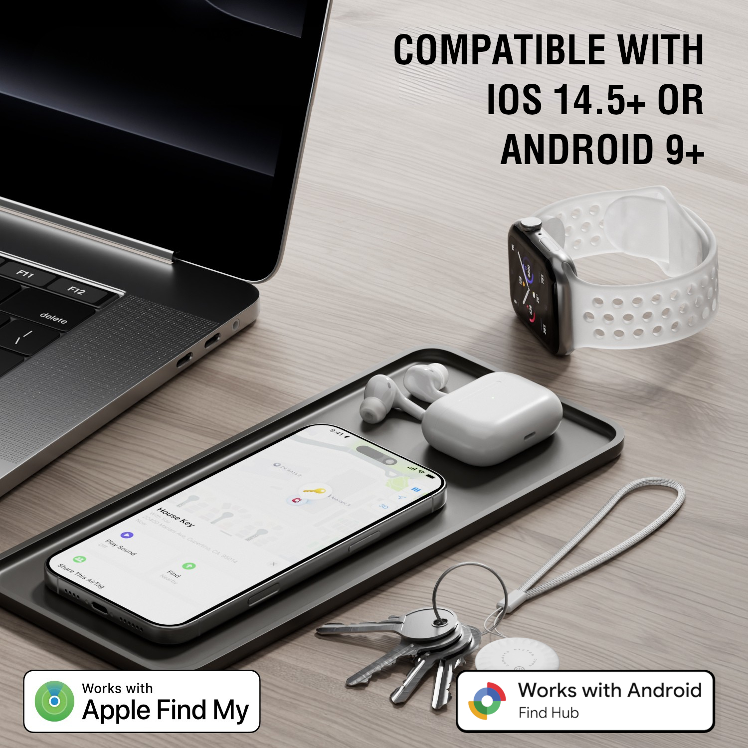 4smarts SkyTag Duos next to iPhone, AirPods, and smartwatch – compatible with iOS 14.5+ or Android 9+, Apple Find My and Google Find Hub logos shown.
