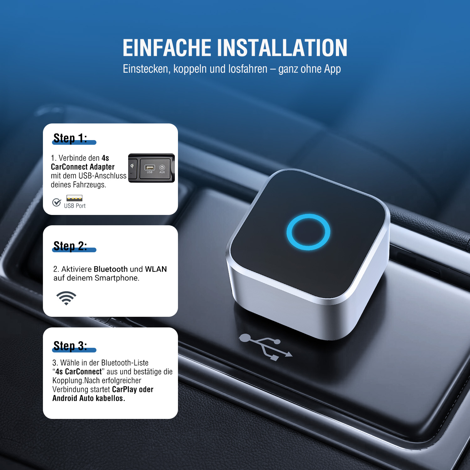 Nahaufnahme des 4smarts Wireless Adapters in einer Fahrzeugkonsole mit USB-A und USB-C Anschluss, sofort einsatzbereit ohne App.