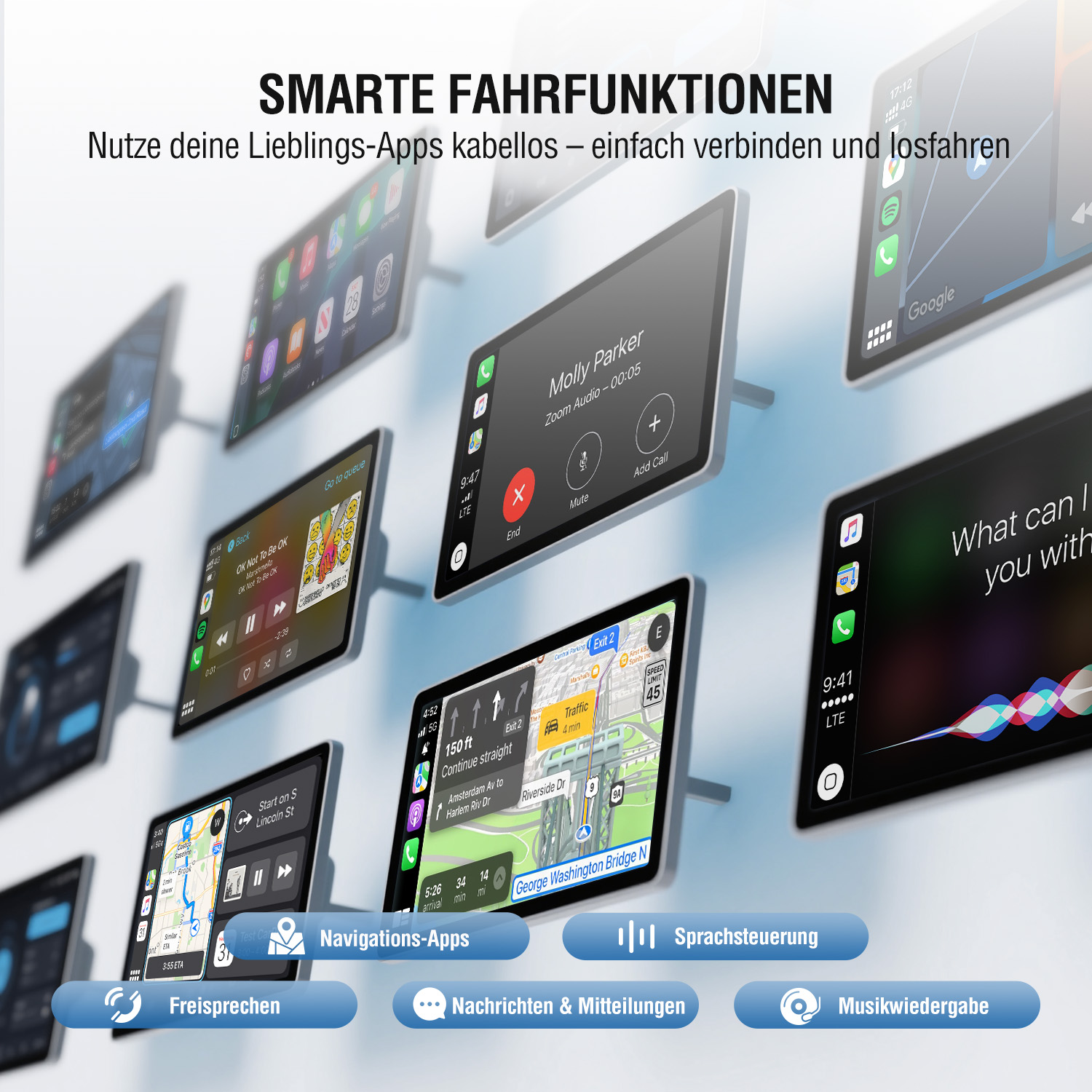Infotainment-Displays mit CarPlay und Android Auto Funktionen wie Musik, Navigation, Anrufe und Sprachsteuerung per Siri und Google Assistant.