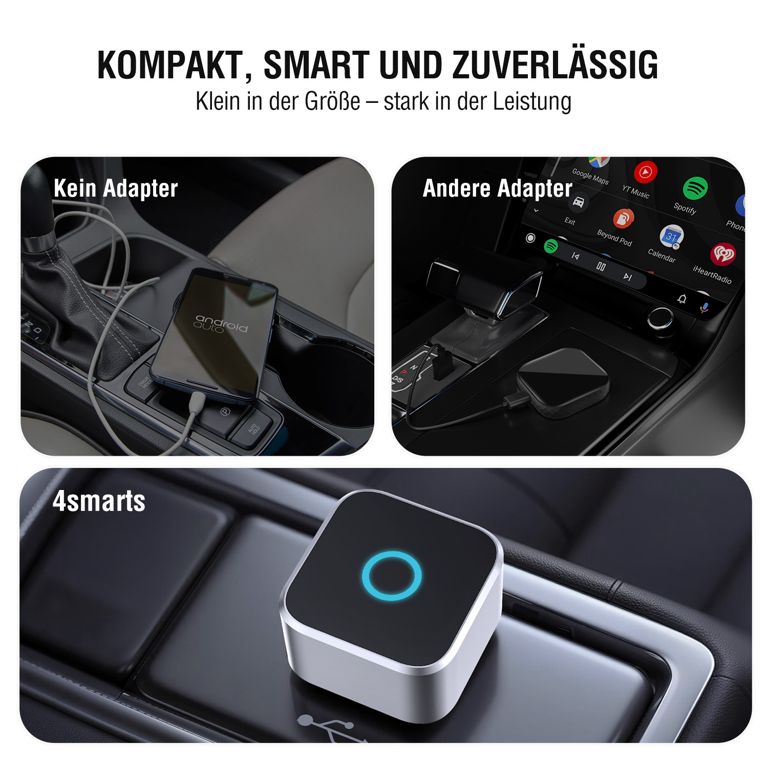 Kompakter 4smarts 2in1 Wireless Adapter in der Mittelkonsole eines Autos. Vergleich zu sperrigen, kabelgebundenen Lösungen – elegant, platzsparend und sofort einsatzbereit.