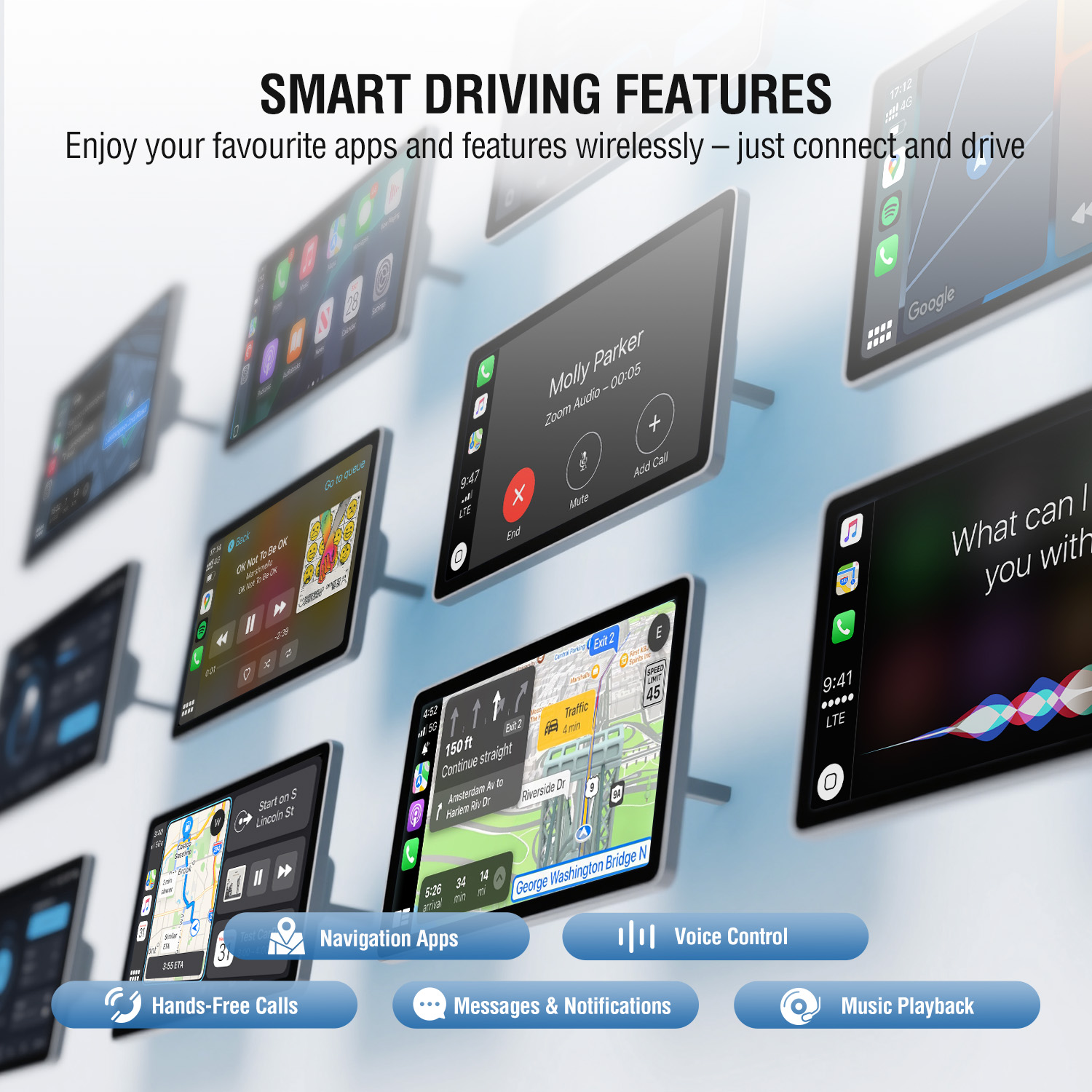 Infotainment displays with CarPlay and Android Auto functions such as music, navigation, calls, and voice control via Siri and Google Assistant.