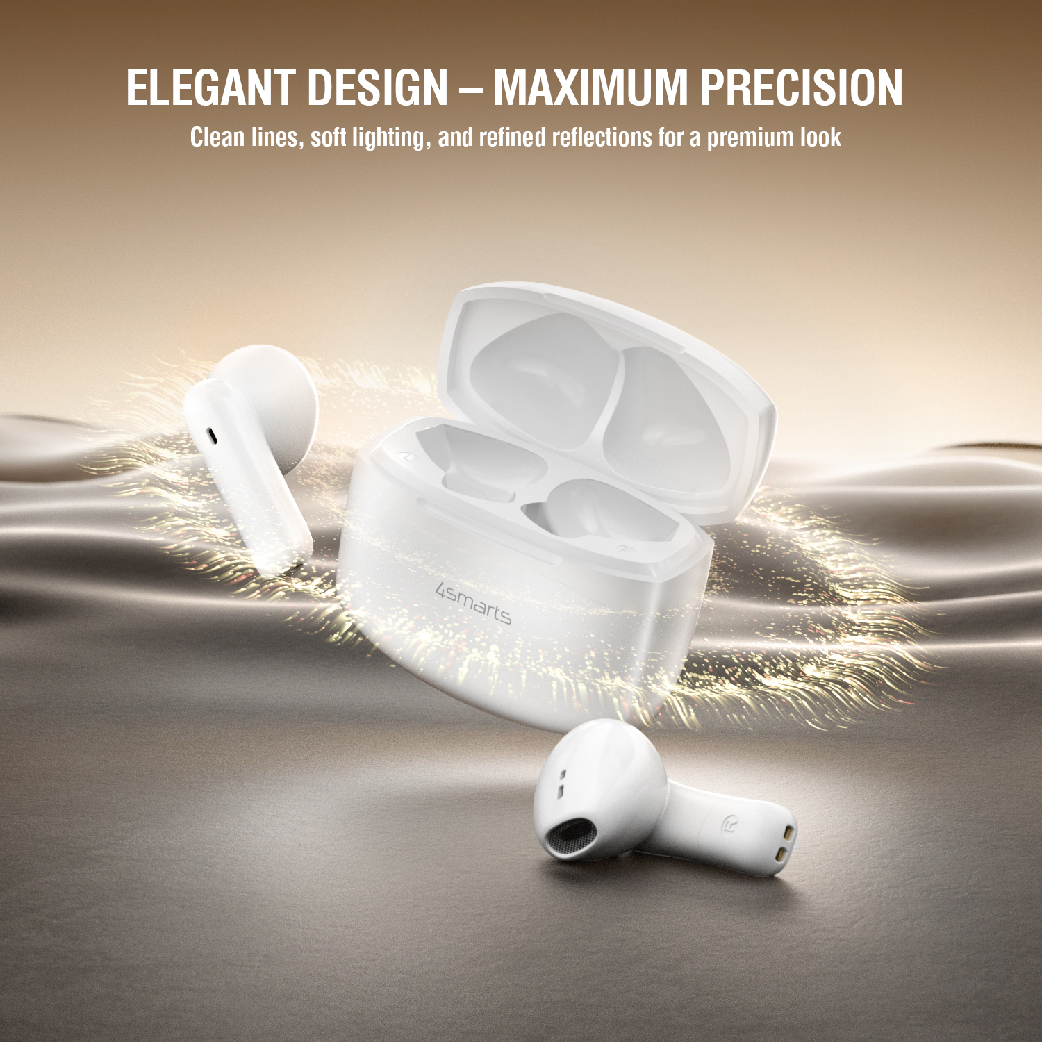 White 4smarts SkyBuds Air with open charging case on a glossy surface with golden light reflections.