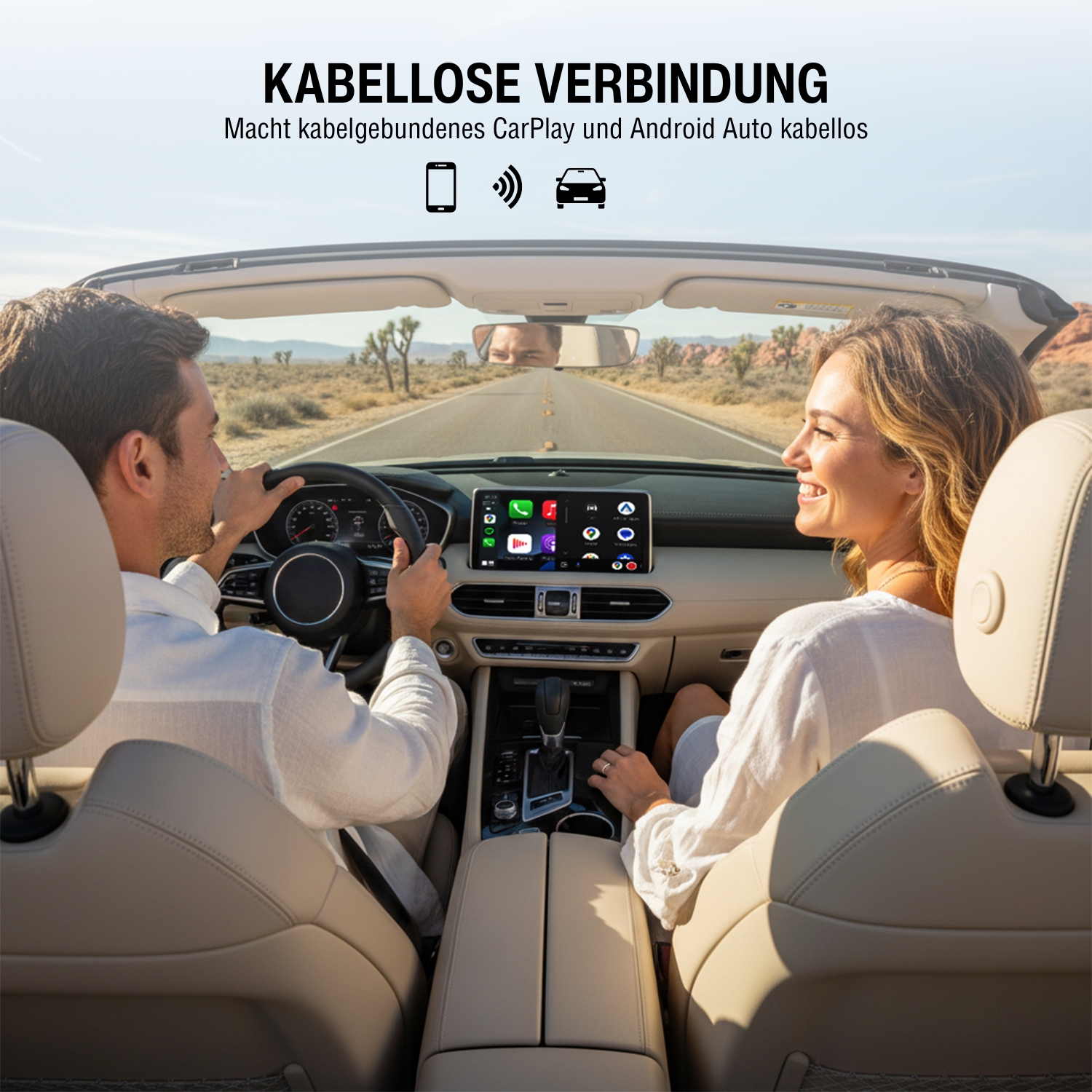 Fahrer und Beifahrerin nutzen kabelloses CarPlay im Auto mit dem 4smarts 2in1 Wireless Adapter – Navigation, Musik und Anrufe ganz ohne Kabel.
