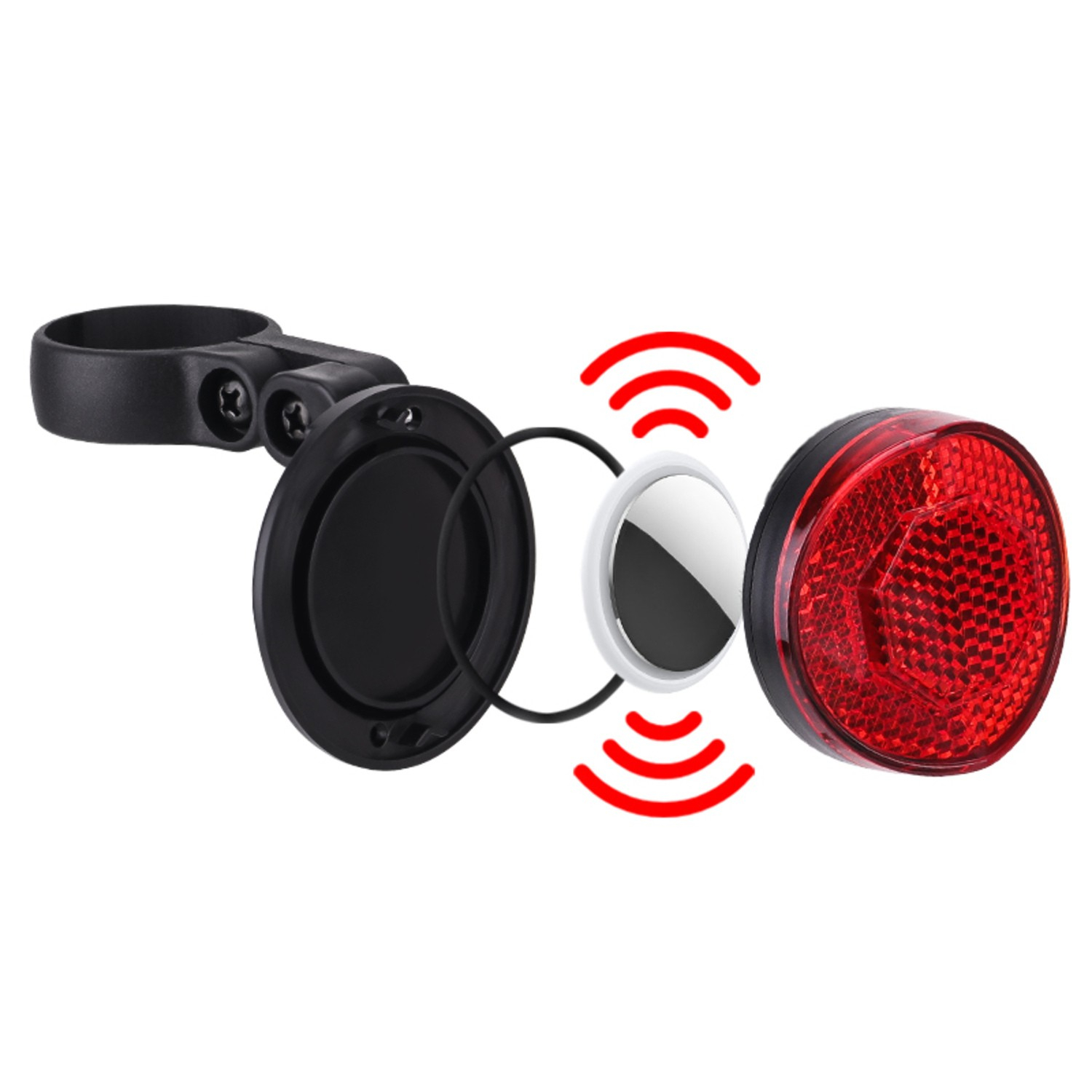Exploded view of the SkyTag Duos mount with integrated bicycle reflector – construction showing housing, seal and reflector insert.