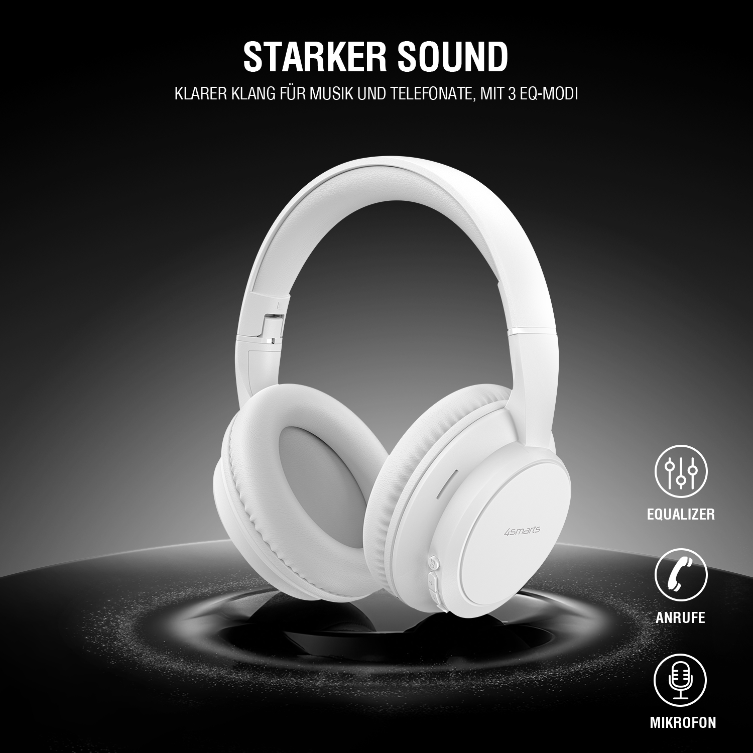 Weiße Over-Ear-Kopfhörer auf schwarzem Hintergrund, mit Icons für Equalizer, Anrufe und Mikrofon. Text hebt klaren Klang und 3 EQ-Modi hervor.
