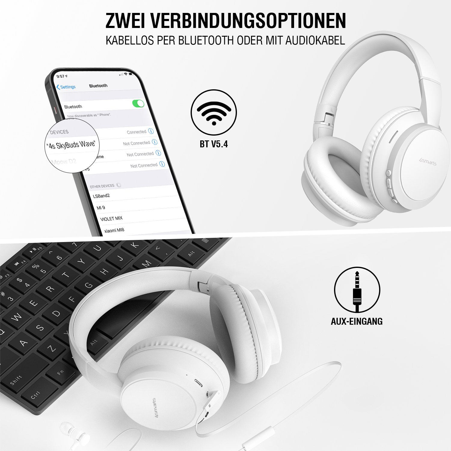 Over-Ear-Kopfhörer mit zwei Verbindungsmöglichkeiten: kabellos per Bluetooth 5.4 und kabelgebunden über AUX-Eingang. Darstellung mit Smartphone und Tastatur.
