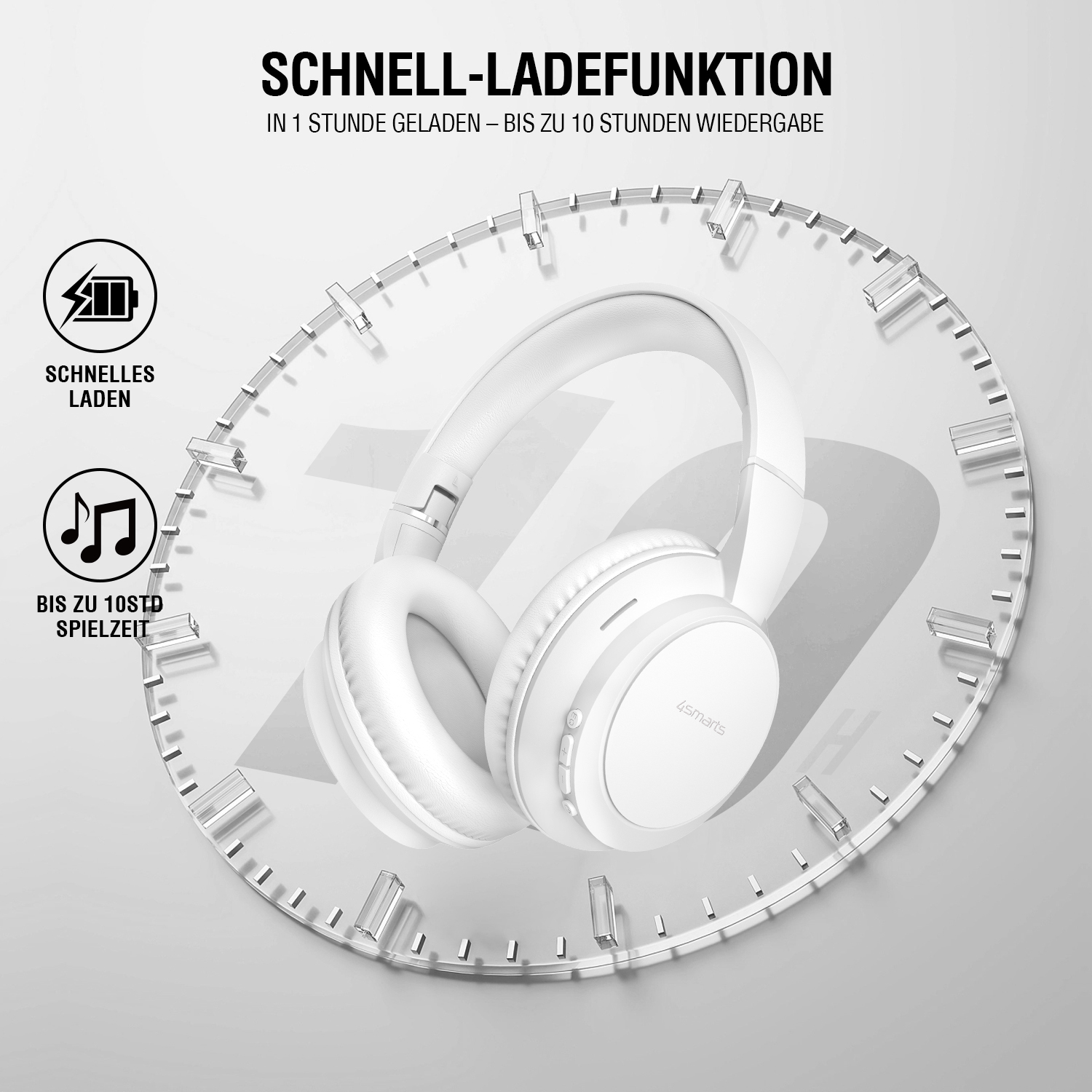 Weiße Over-Ear-Kopfhörer vor stilisiertem Ziffernblatt, hervorgehoben wird die Schnellladefunktion mit bis zu 10 Stunden Wiedergabe nach 1 Stunde Laden.

