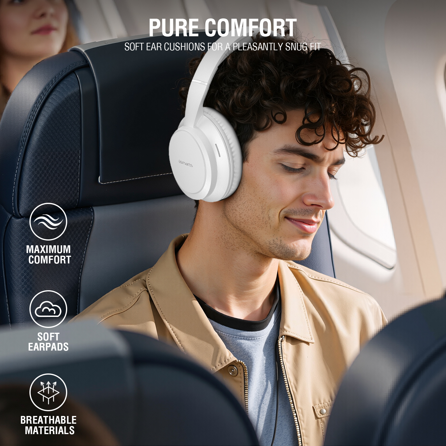 Man relaxing with white over-ear headphones in an airplane seat, text highlights comfort with soft ear cushions and breathable materials.
