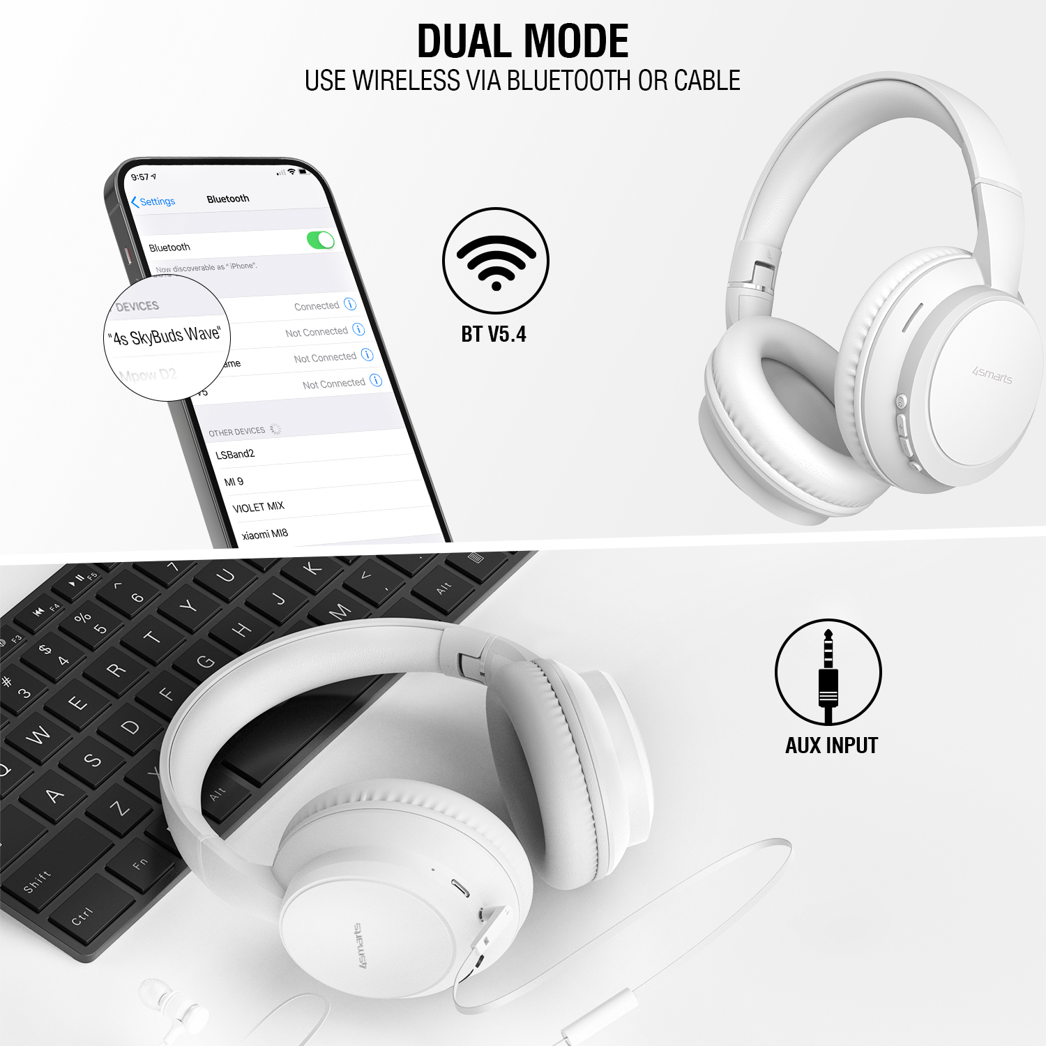 Over-ear headphones with two connection options: wireless via Bluetooth 5.4 and wired via AUX input. Shown with smartphone and keyboard.
