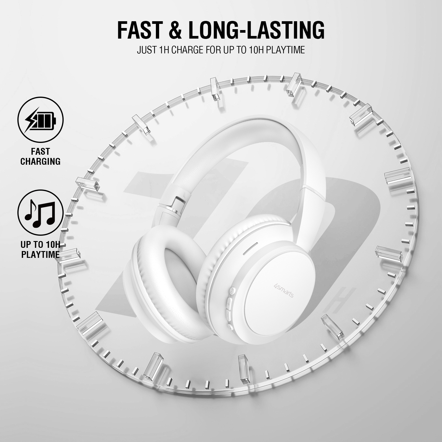 White over-ear headphones in front of a stylized clock face, highlighting fast charging with up to 10 hours of playback after 1 hour of charging.

