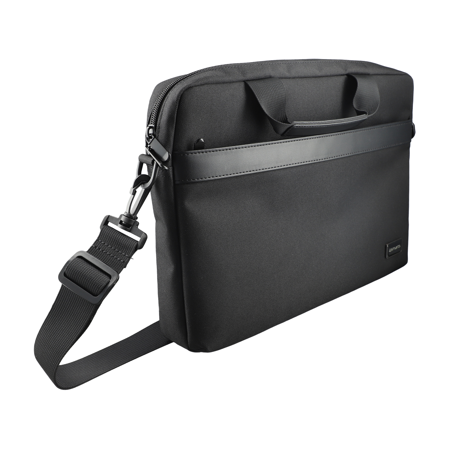 Black 15–16 inch slim notebook bag in angled side view with shoulder strap and zipper
