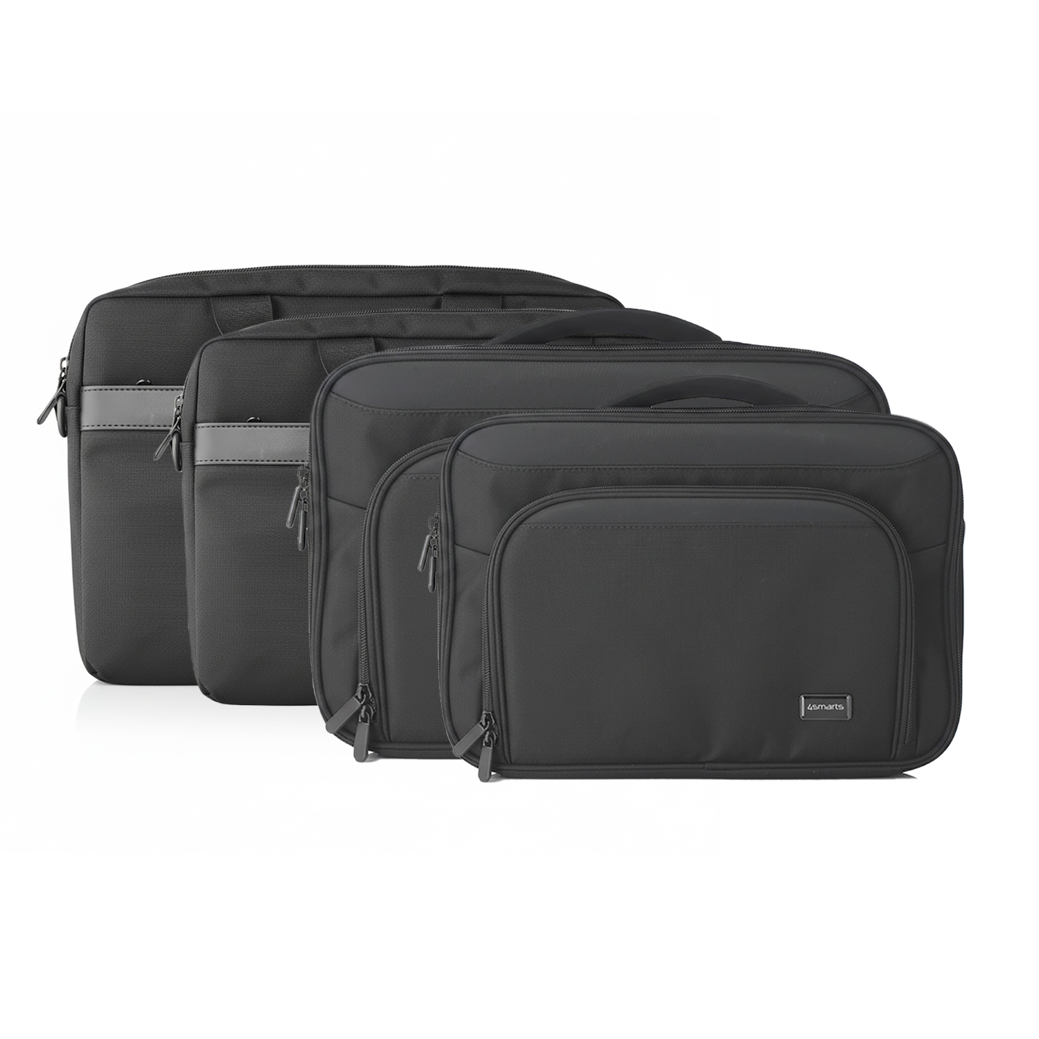 Overview of all 4smarts Target notebook bags from the Slim and Clamshell series in black, different sizes displayed side by side