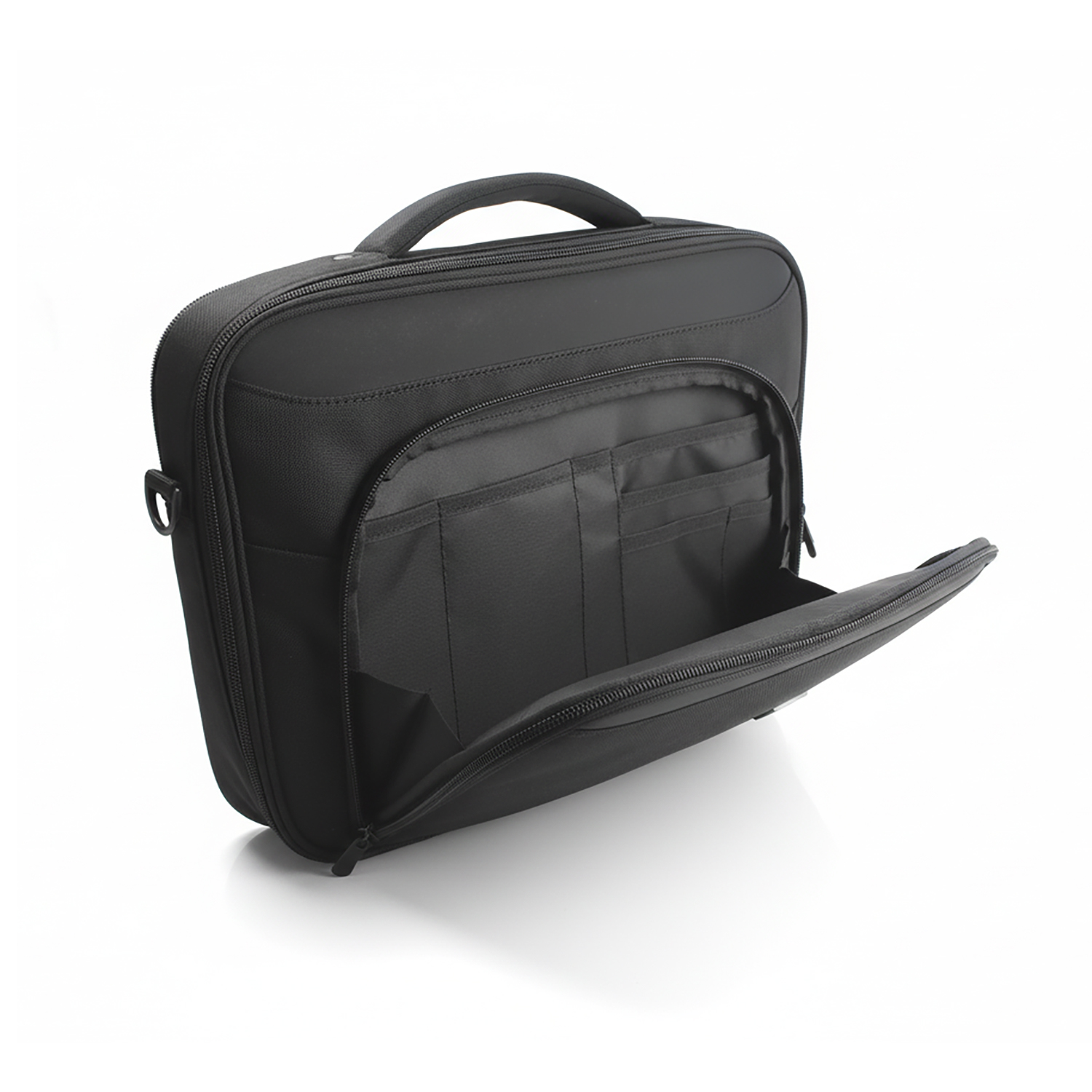 Geöffnete schwarze 4smarts Target Clamshell Notebook-Tasche 13–14 Zoll mit Frontfach, Organizer-Fächern und Reißverschluss
